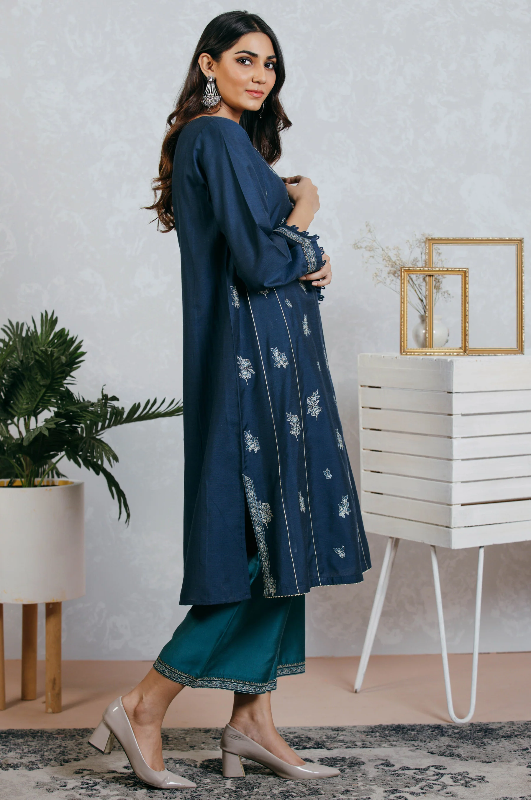 Stitched 2 Piece Cotton silk Embroidered Suit - Image 2