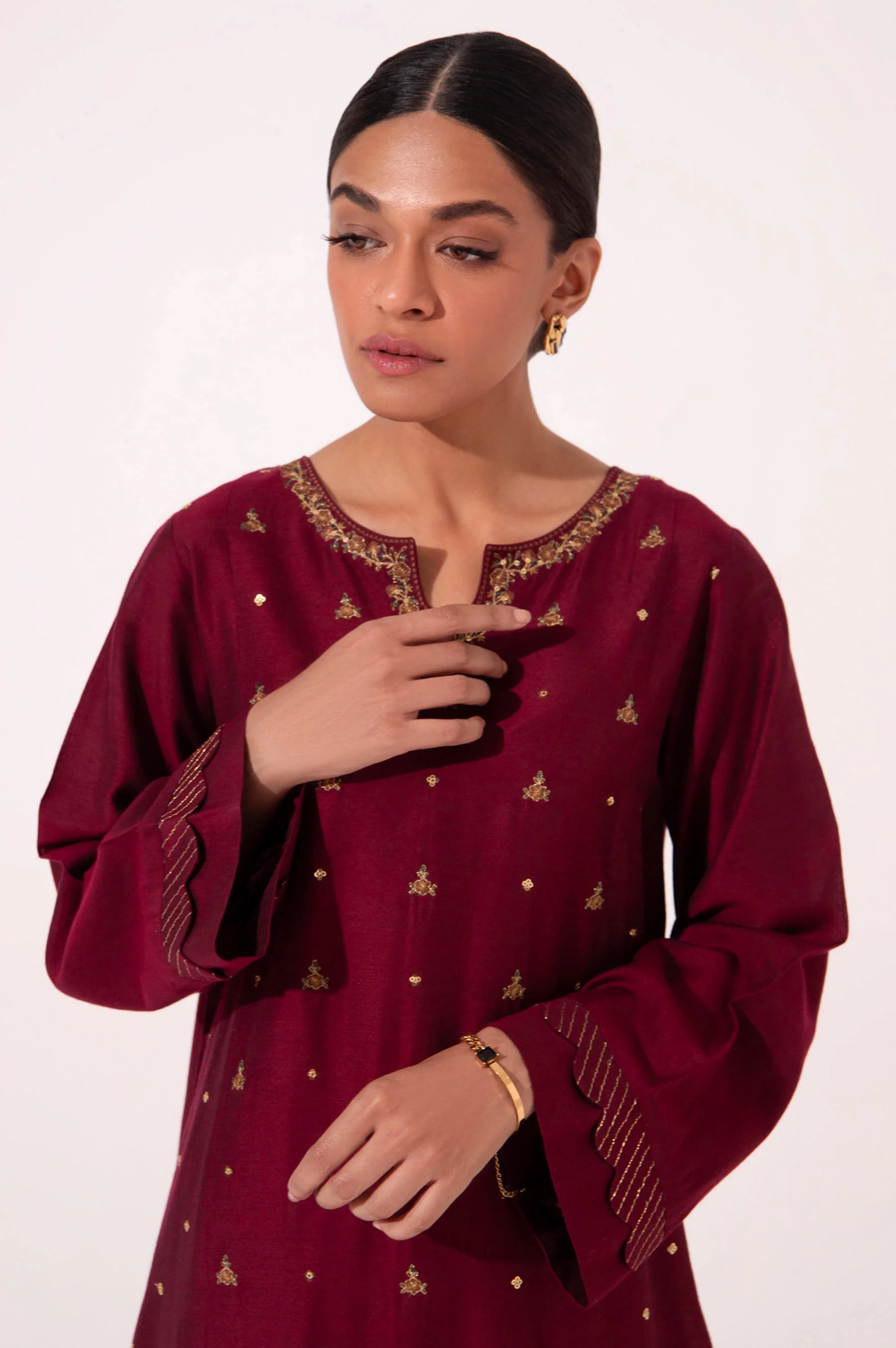 Stitched 2 Piece Cotton Silk Embroidered Suit - Image 3