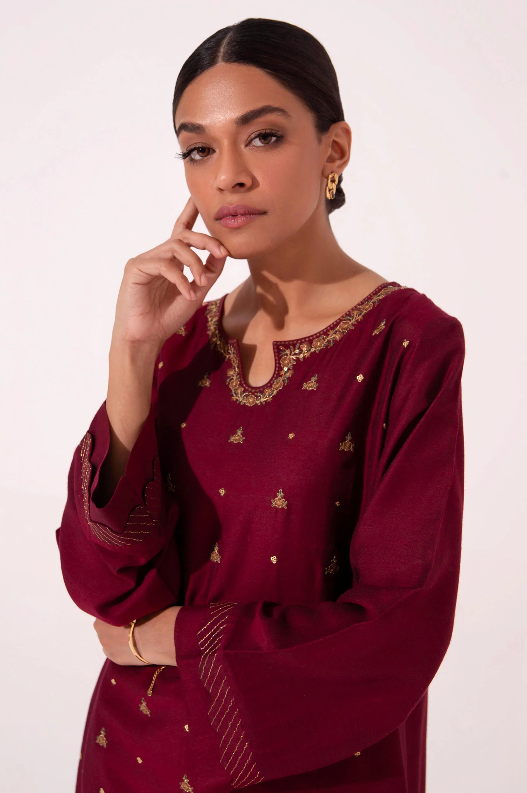 Stitched 2 Piece Cotton Silk Embroidered Suit - Image 4