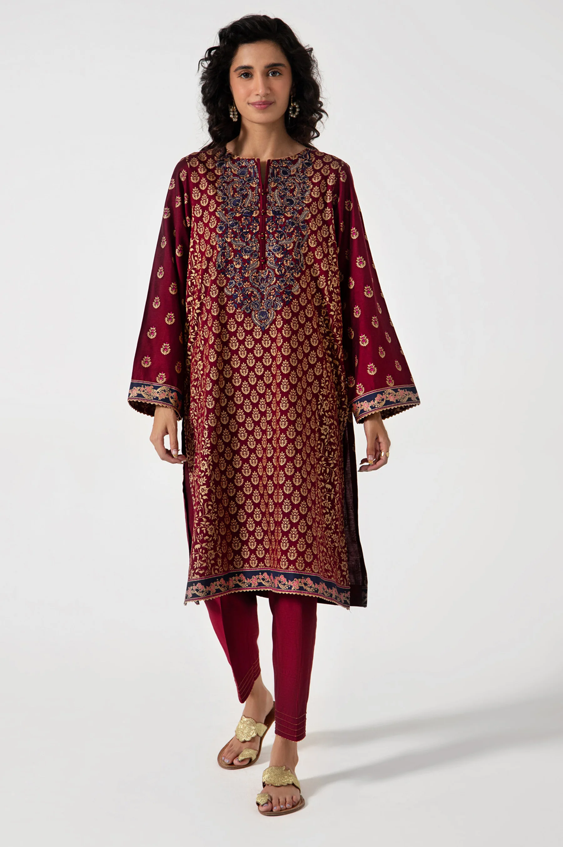 Stitched 2 Piece Screen Printed Cotton Silk Embroidered Suit - Image 2