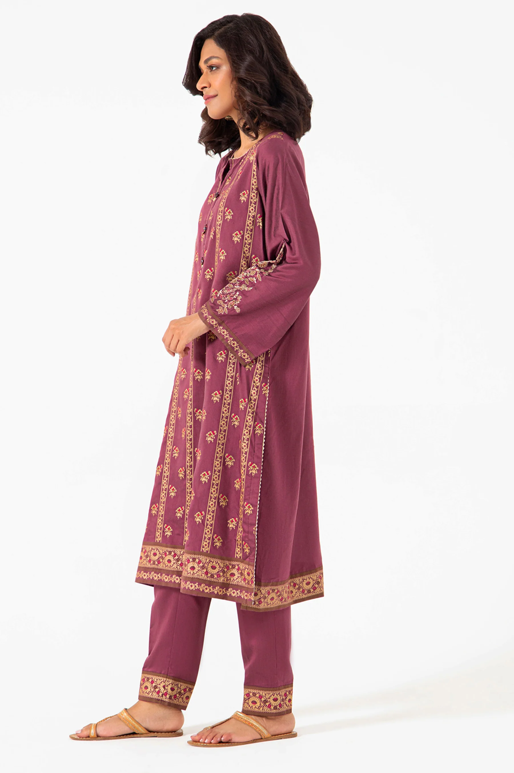 Stitched 2 Piece Screen Printed Cotton Silk Embroidered Suit - Image 3