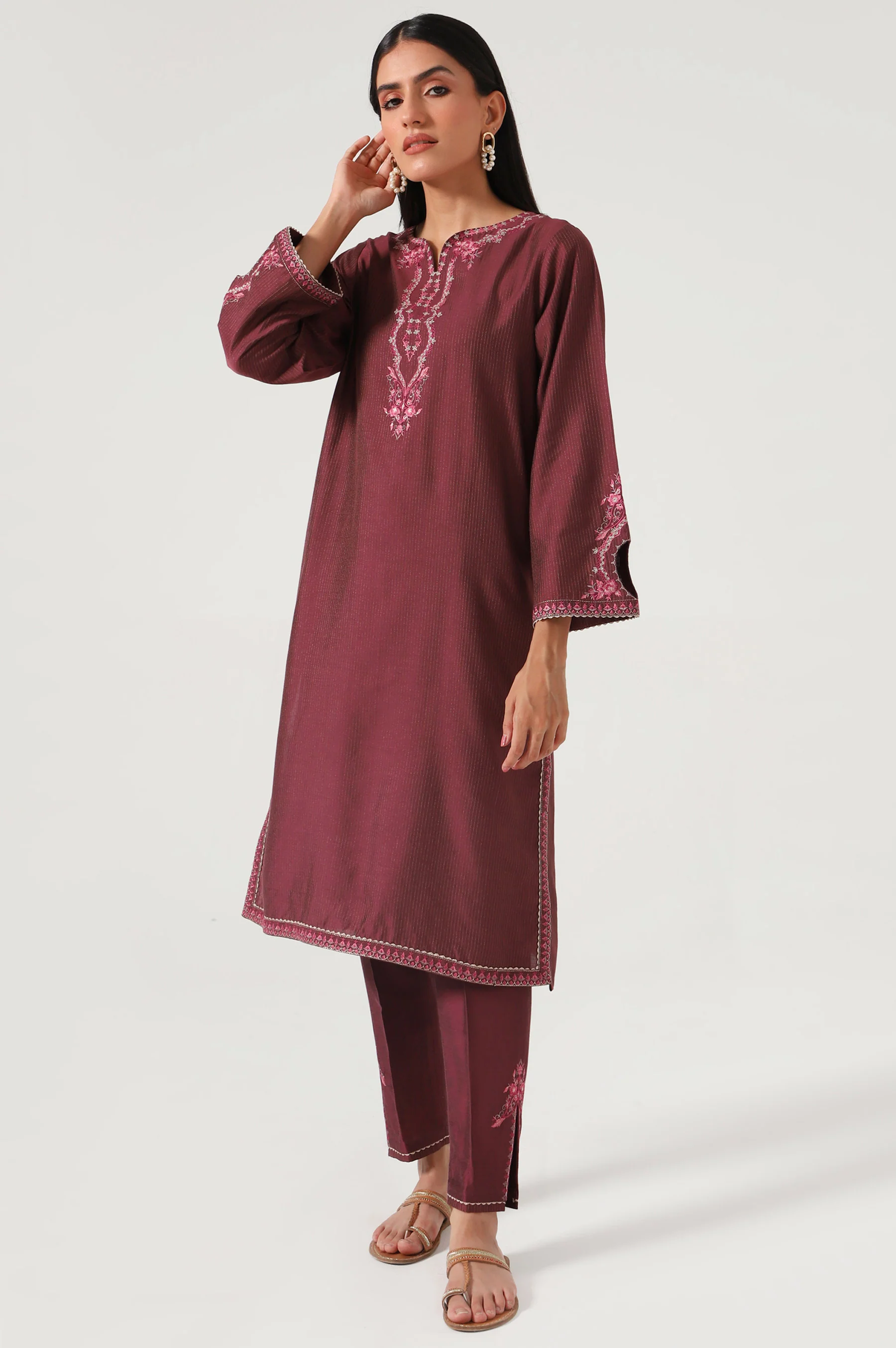 Stitched 2 Piece Cotton Silk Embroidered Suit - Image 2