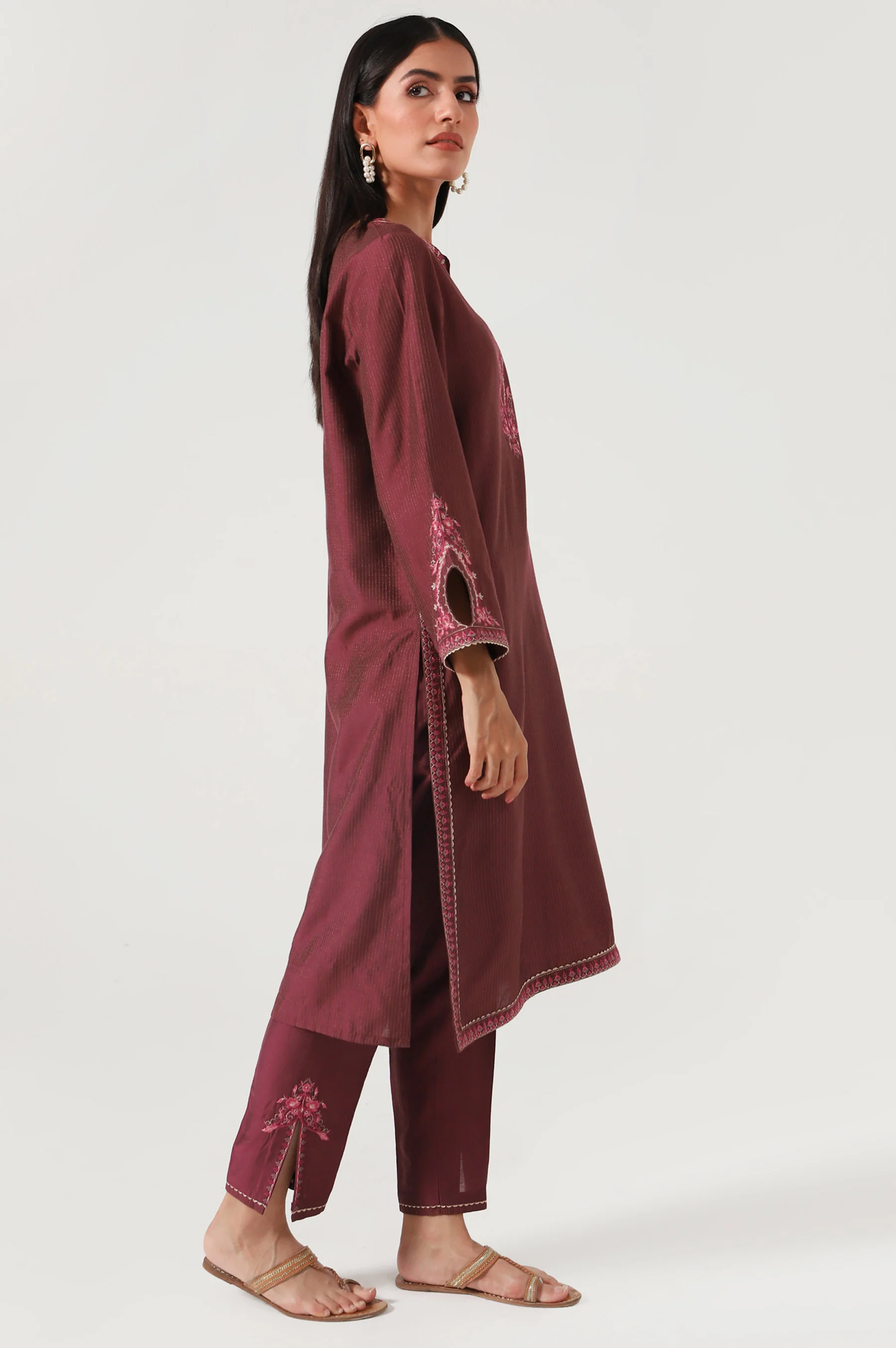 Stitched 2 Piece Cotton Silk Embroidered Suit - Image 4