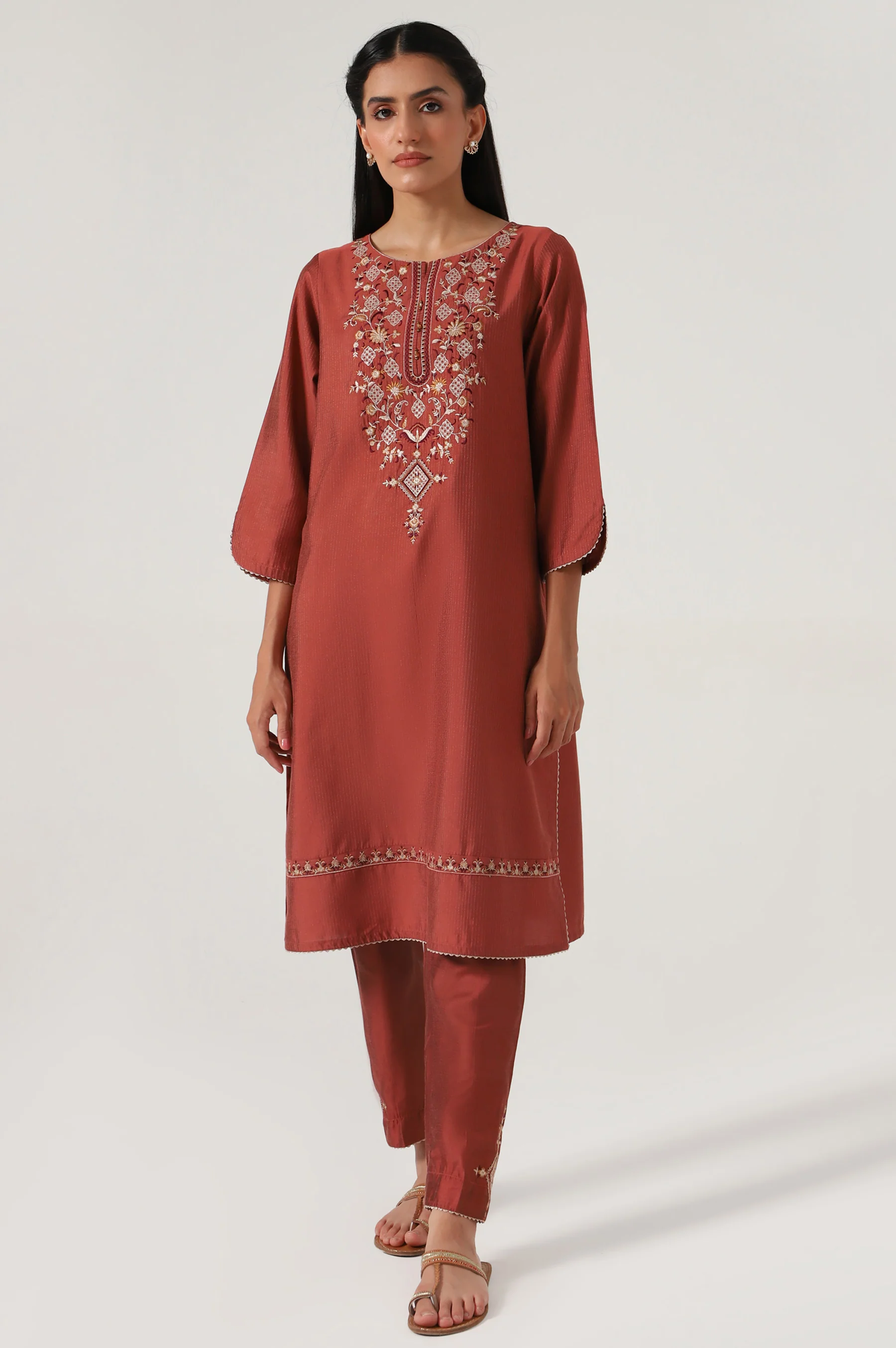 Stitched 2 Piece Cotton Silk Embroidered Suit - Image 2