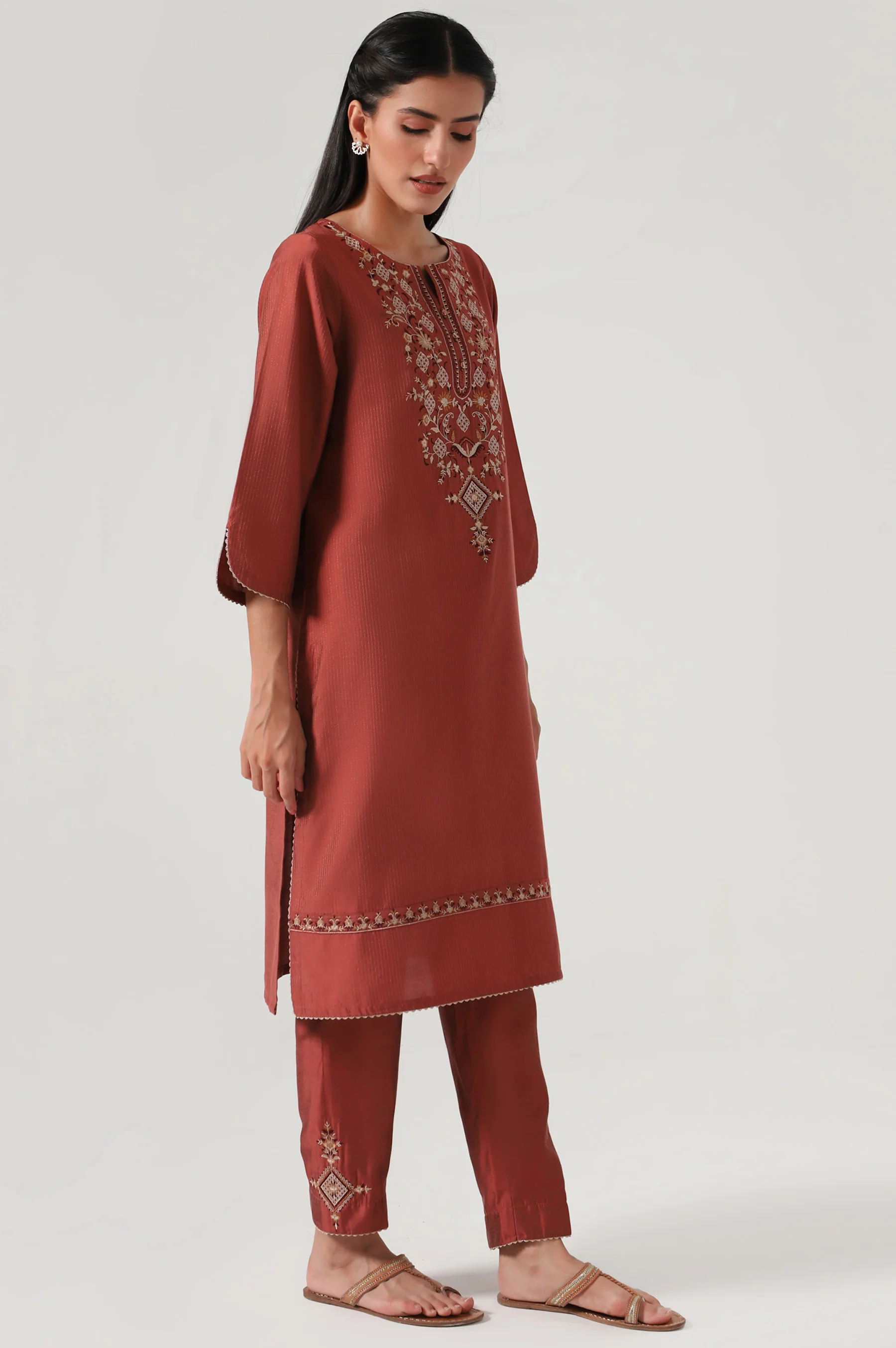 Stitched 2 Piece Cotton Silk Embroidered Suit - Image 4