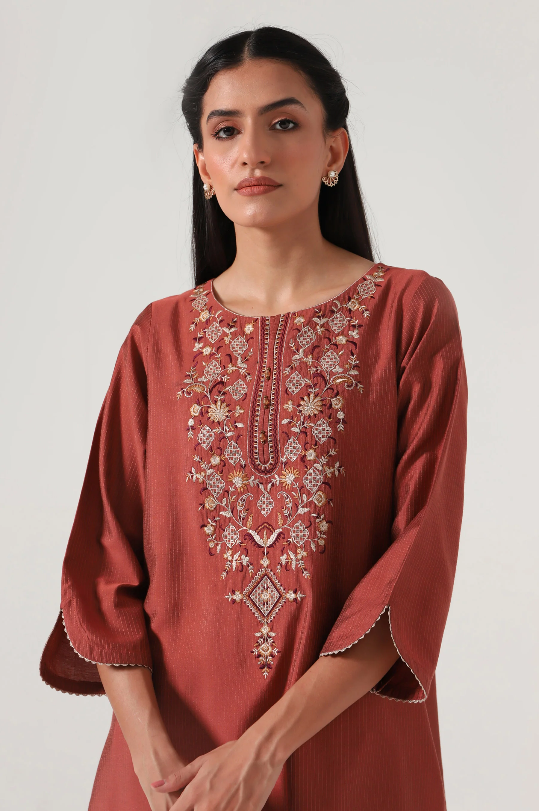 Stitched 2 Piece Cotton Silk Embroidered Suit - Image 5
