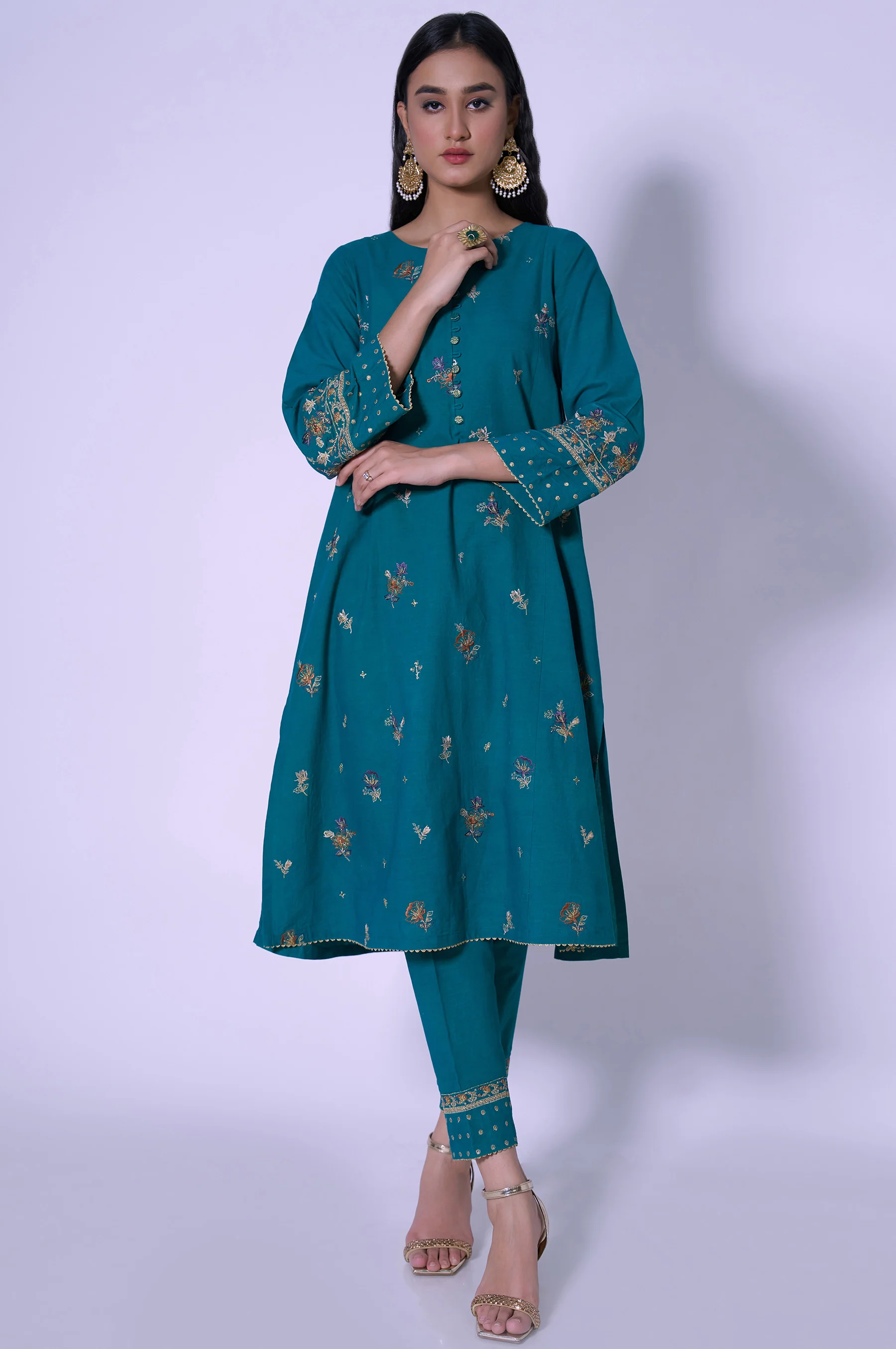 Stitched 2 Piece Cotton Net Embroidered Outfit - Image 2