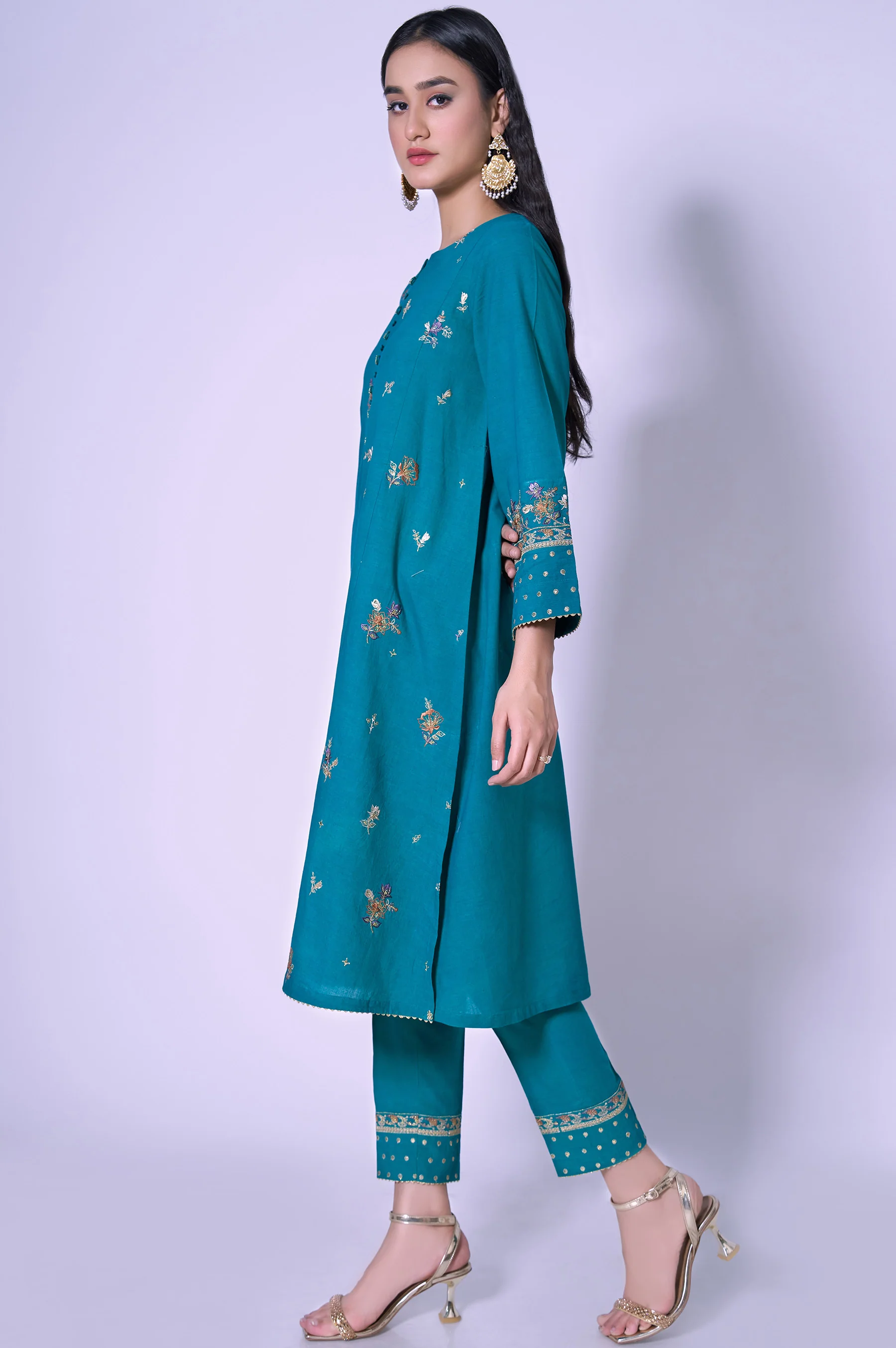 Stitched 2 Piece Cotton Net Embroidered Outfit - Image 3