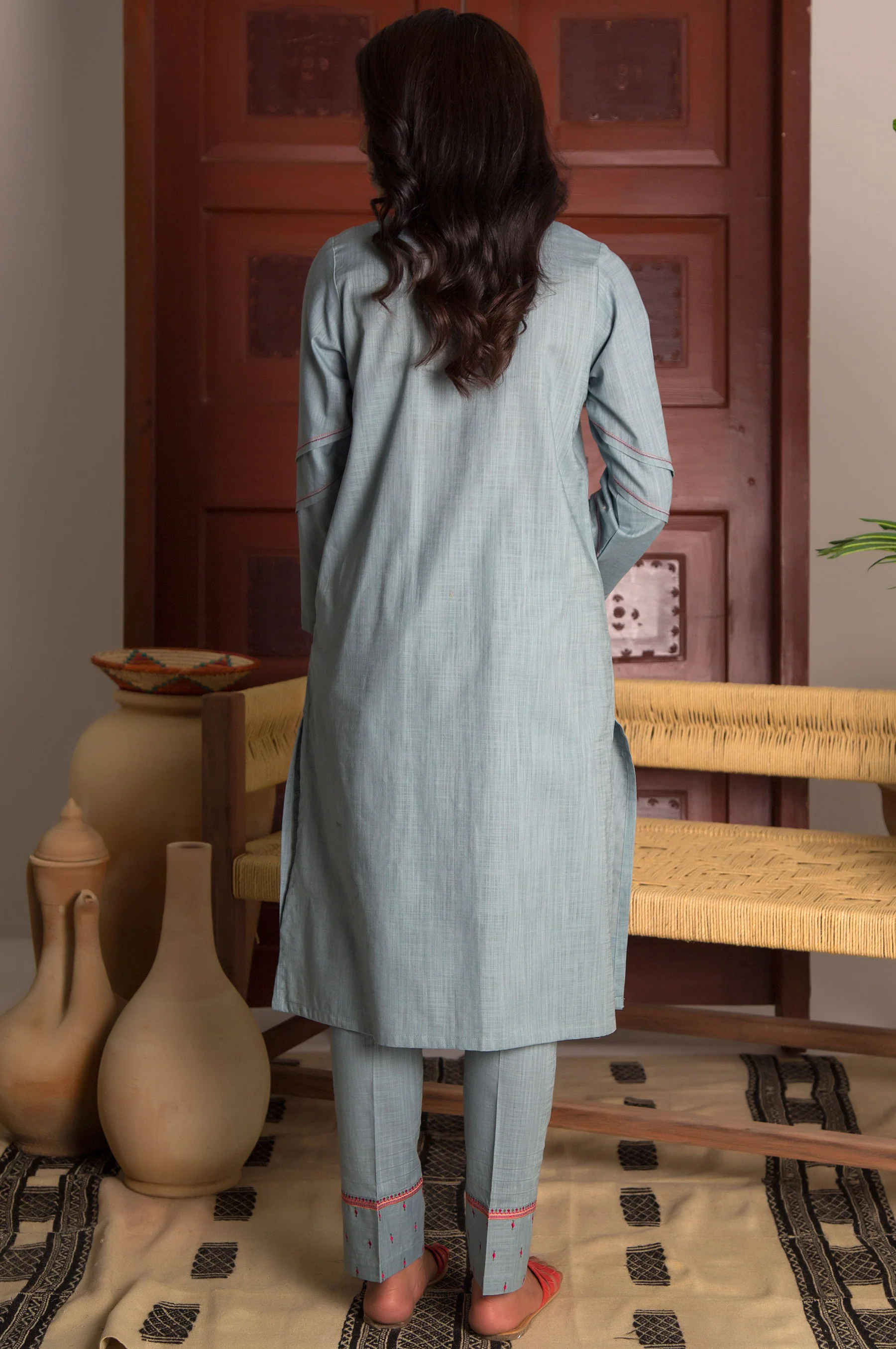 Stitched 2 Piece Embroidered Cotton Slub Suit - Image 3