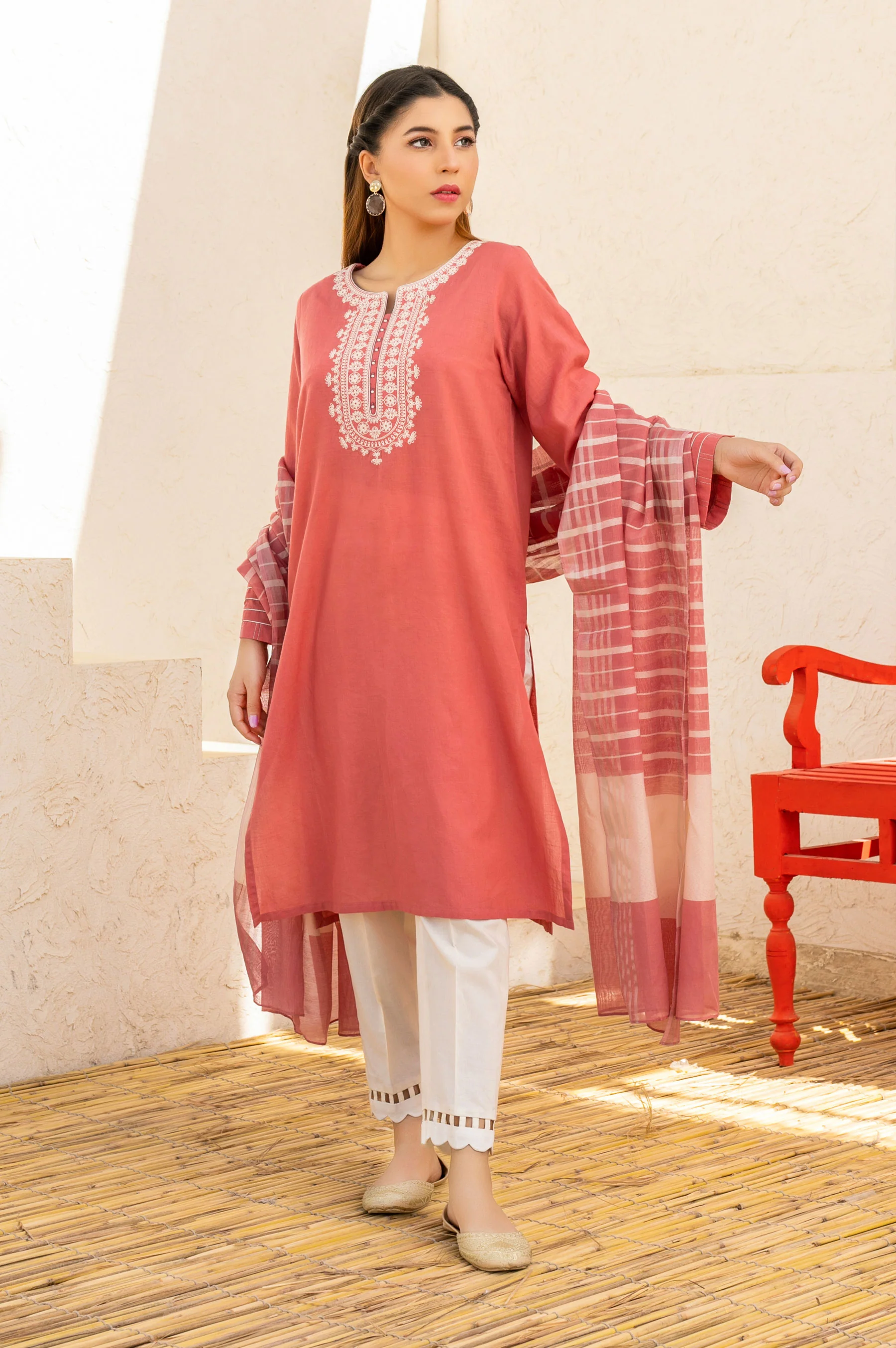 Stitched 2 Piece Embroidered Cotton Slub & Yarn Dyed Suit - Image 2
