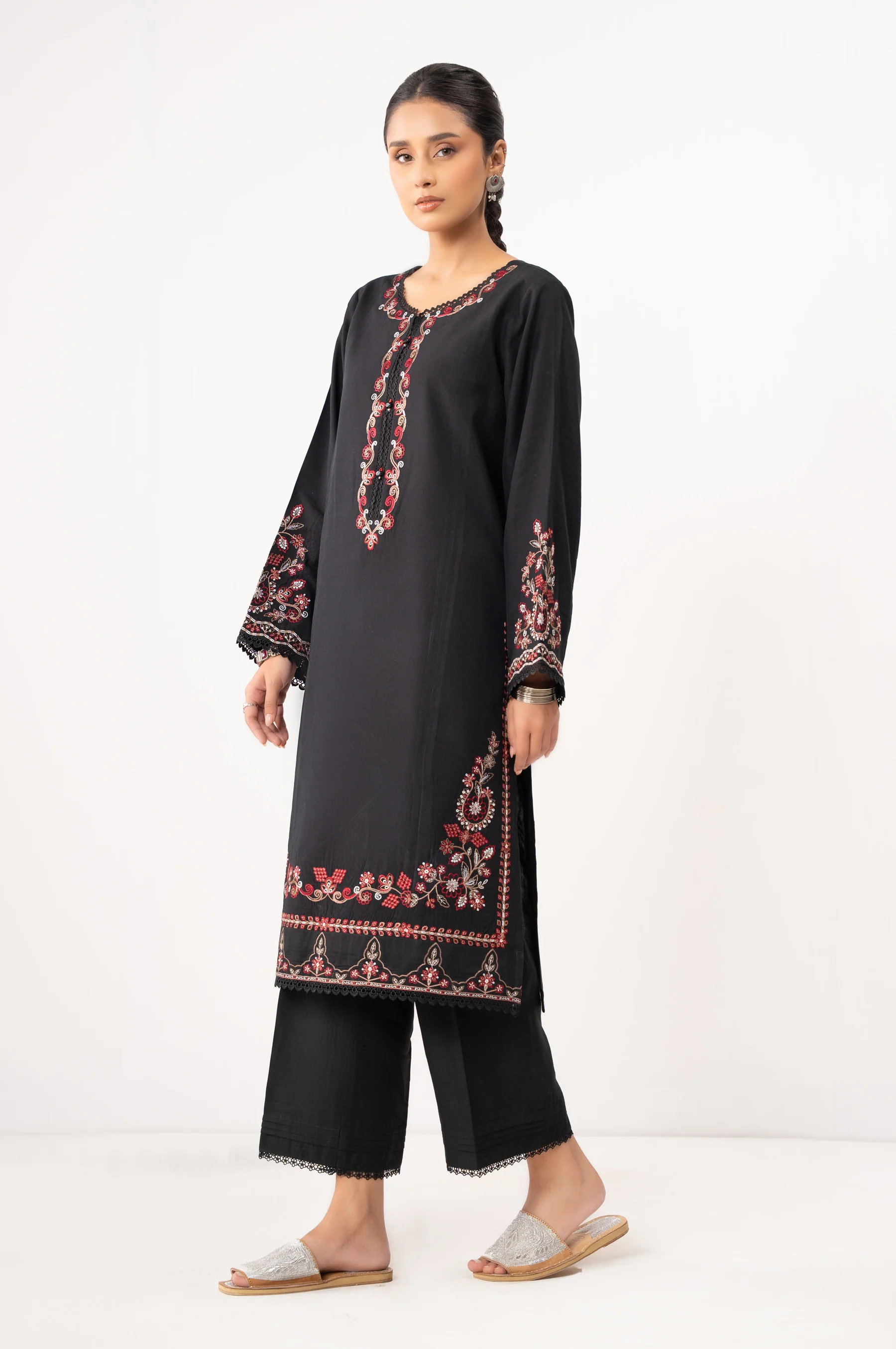 STITCHED EMBROIDERED COTTON LINEN VISCOSE SHIRT BOTTOM - Image 3