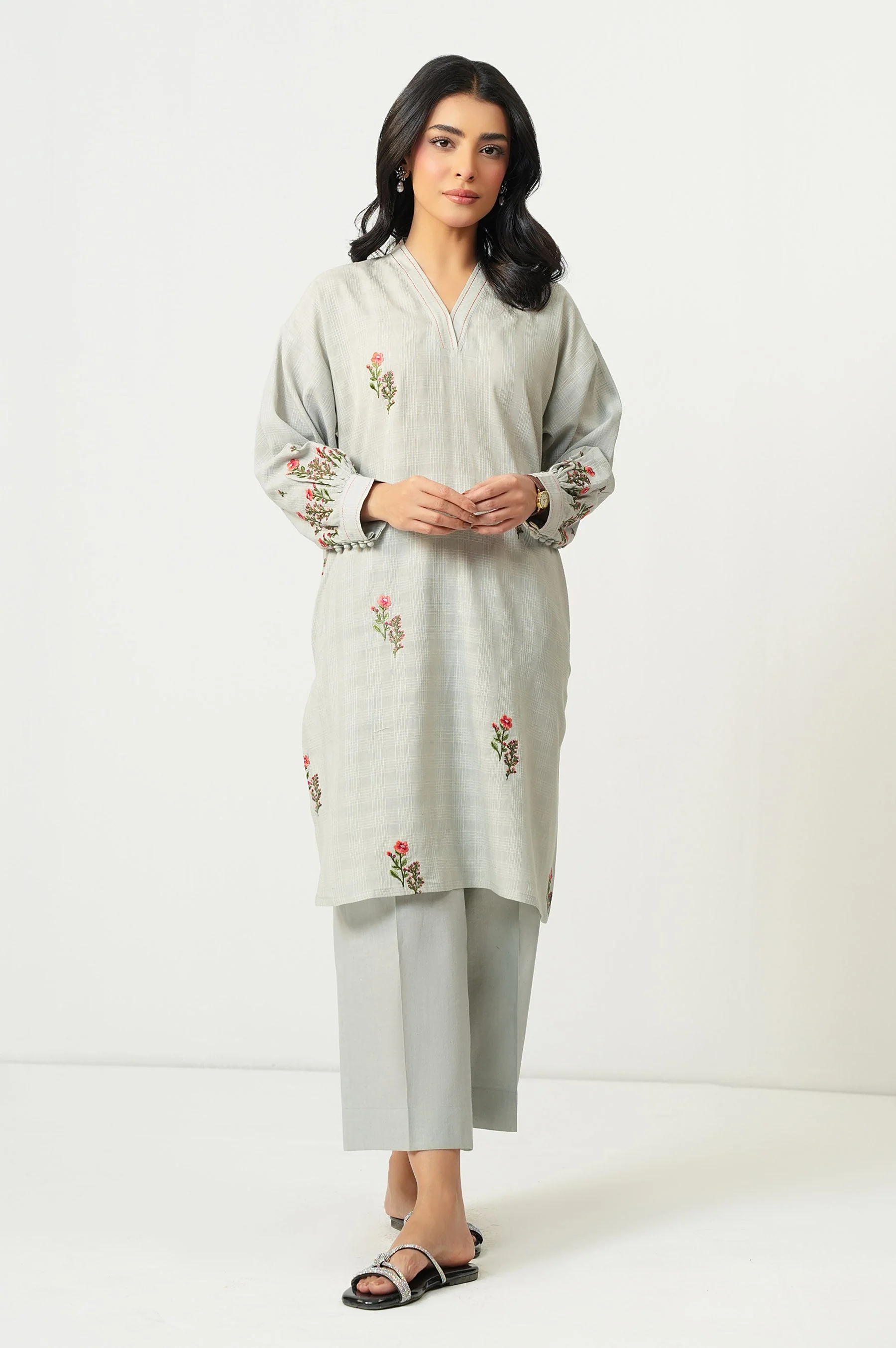 STITCHED EMBROIDERED TETRA CHECKS SHIRT BOTTOM (FACTORY E-OUTLET)