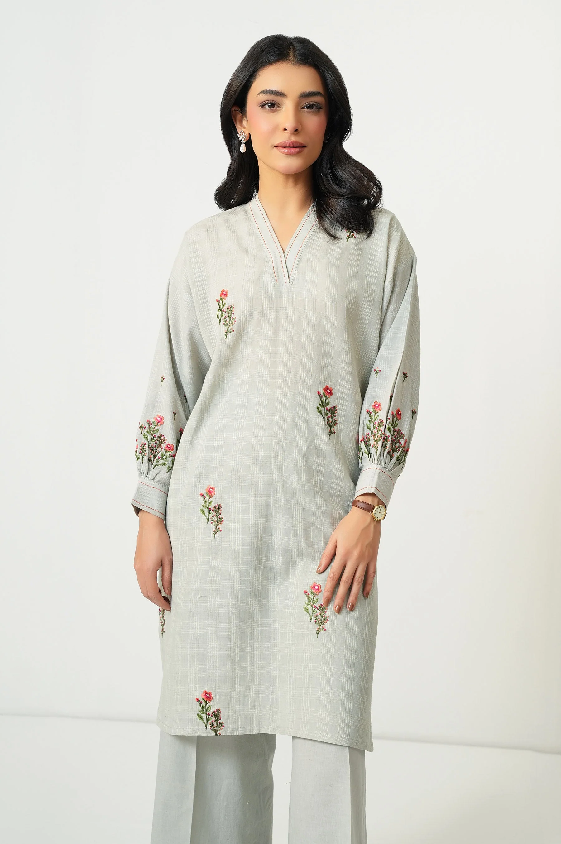 STITCHED EMBROIDERED TETRA CHECKS SHIRT BOTTOM (FACTORY E-OUTLET) - Image 2