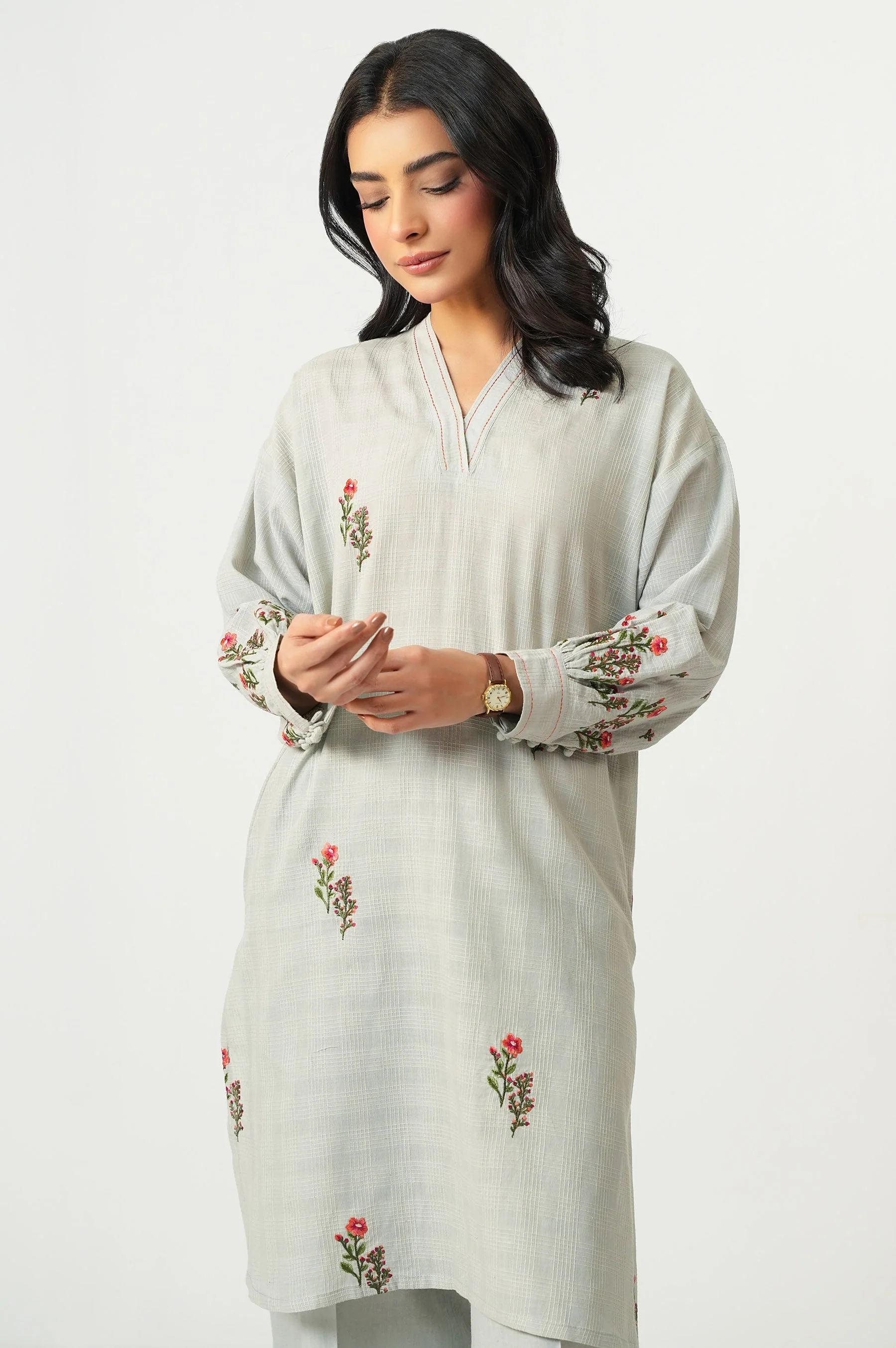 STITCHED EMBROIDERED TETRA CHECKS SHIRT BOTTOM (FACTORY E-OUTLET) - Image 5