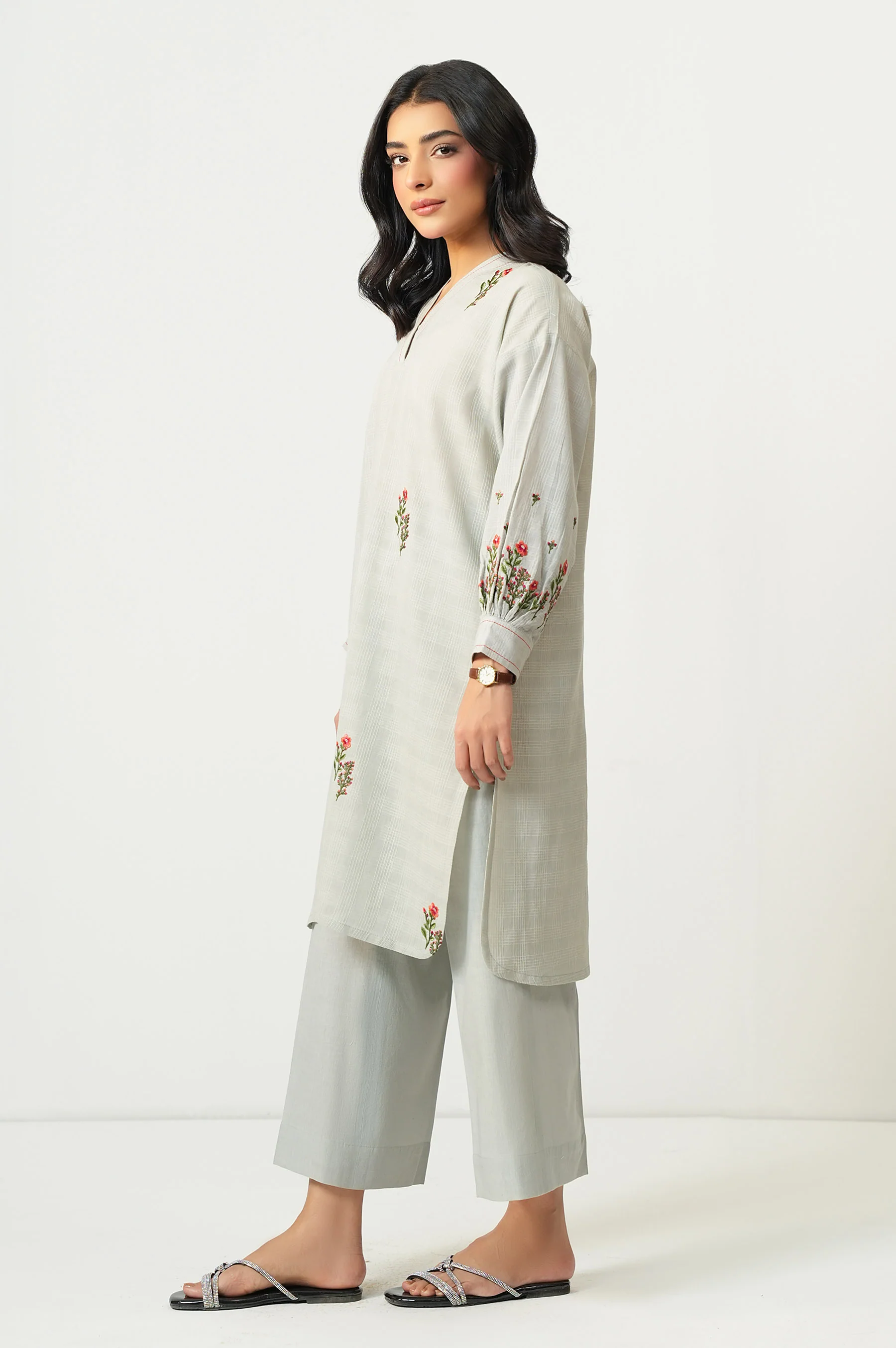 STITCHED EMBROIDERED TETRA CHECKS SHIRT BOTTOM - Image 3