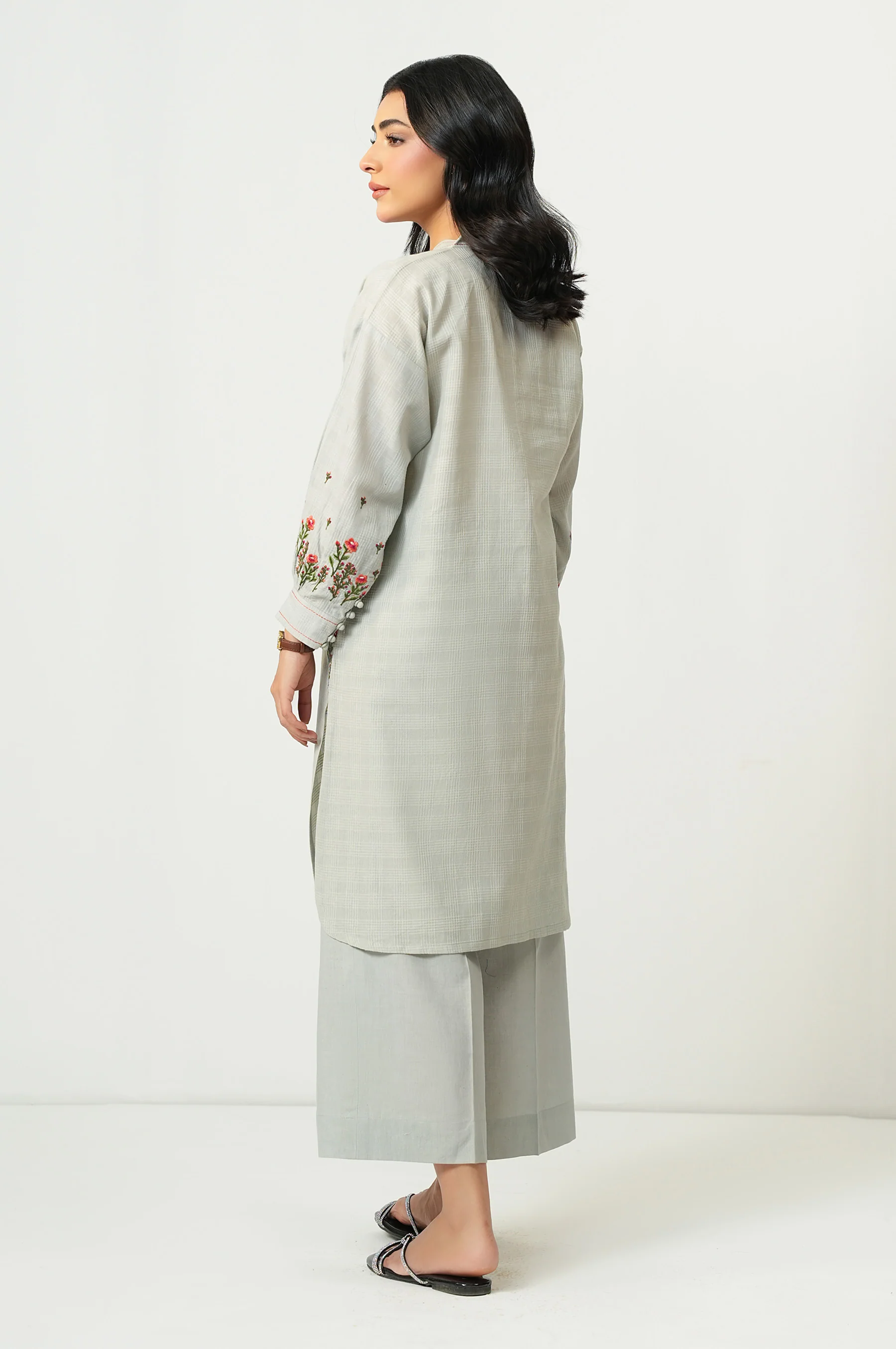 STITCHED EMBROIDERED TETRA CHECKS SHIRT BOTTOM - Image 4