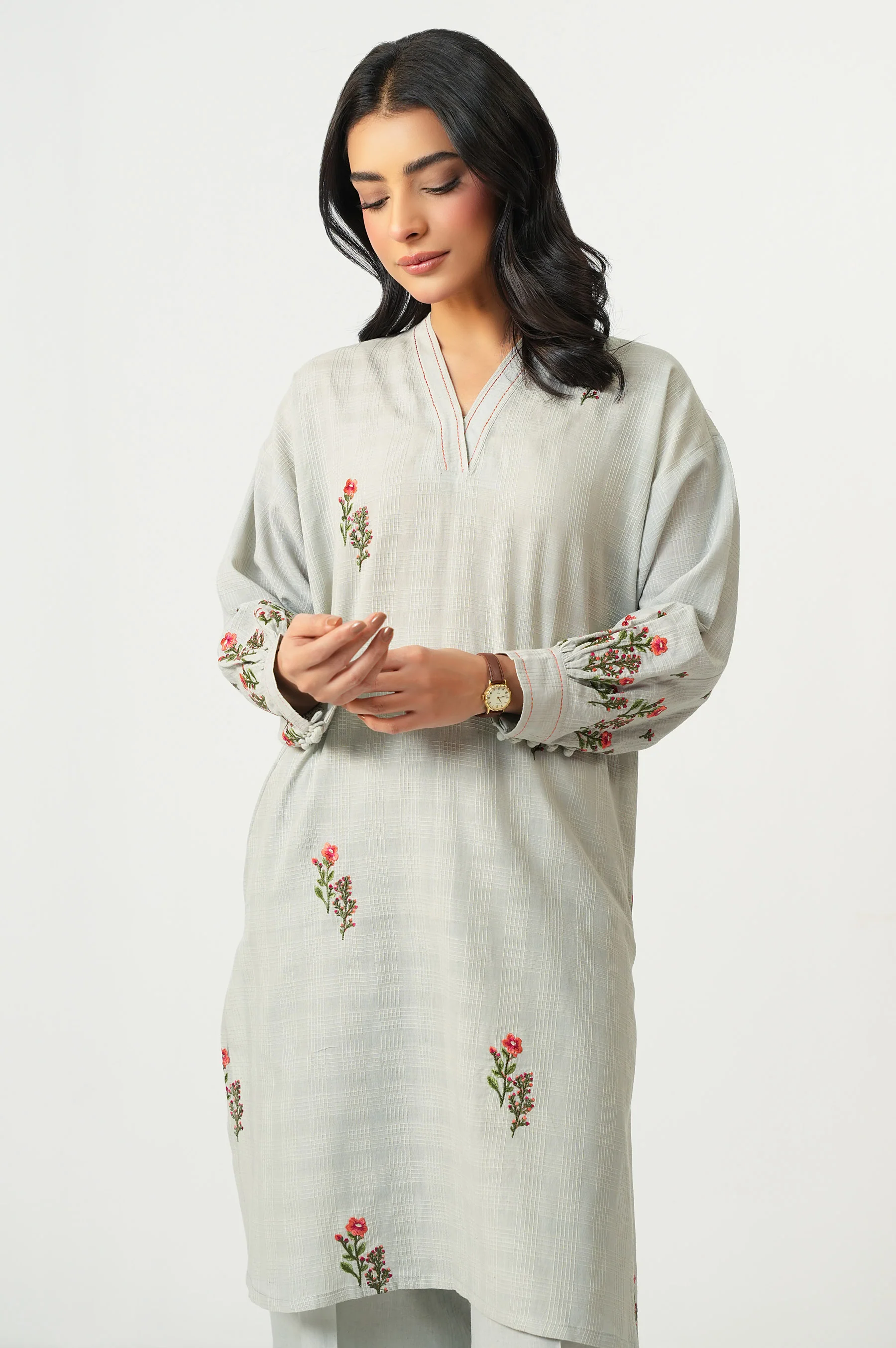 STITCHED EMBROIDERED TETRA CHECKS SHIRT BOTTOM - Image 5
