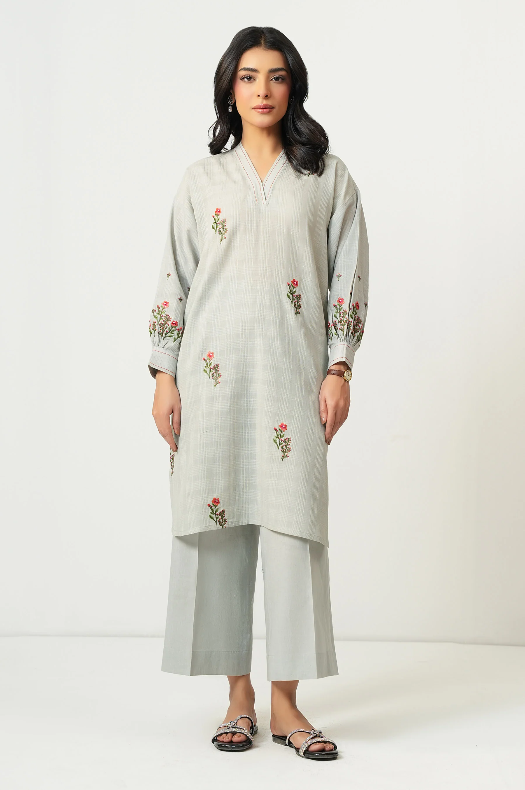 STITCHED EMBROIDERED TETRA CHECKS SHIRT BOTTOM - Image 6
