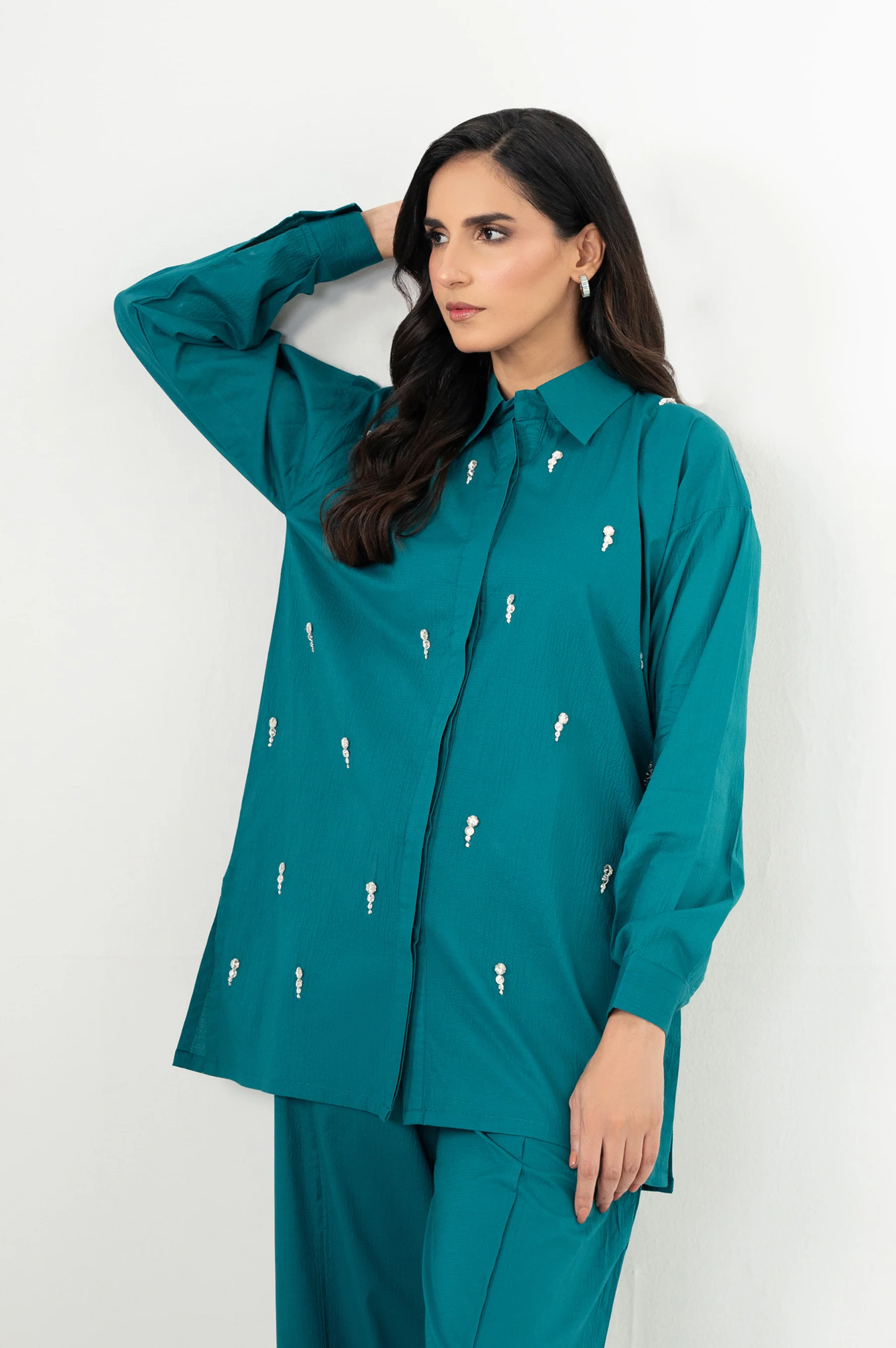 Stitched 2 Piece Embellished Cotton Lycra Suit - Image 2