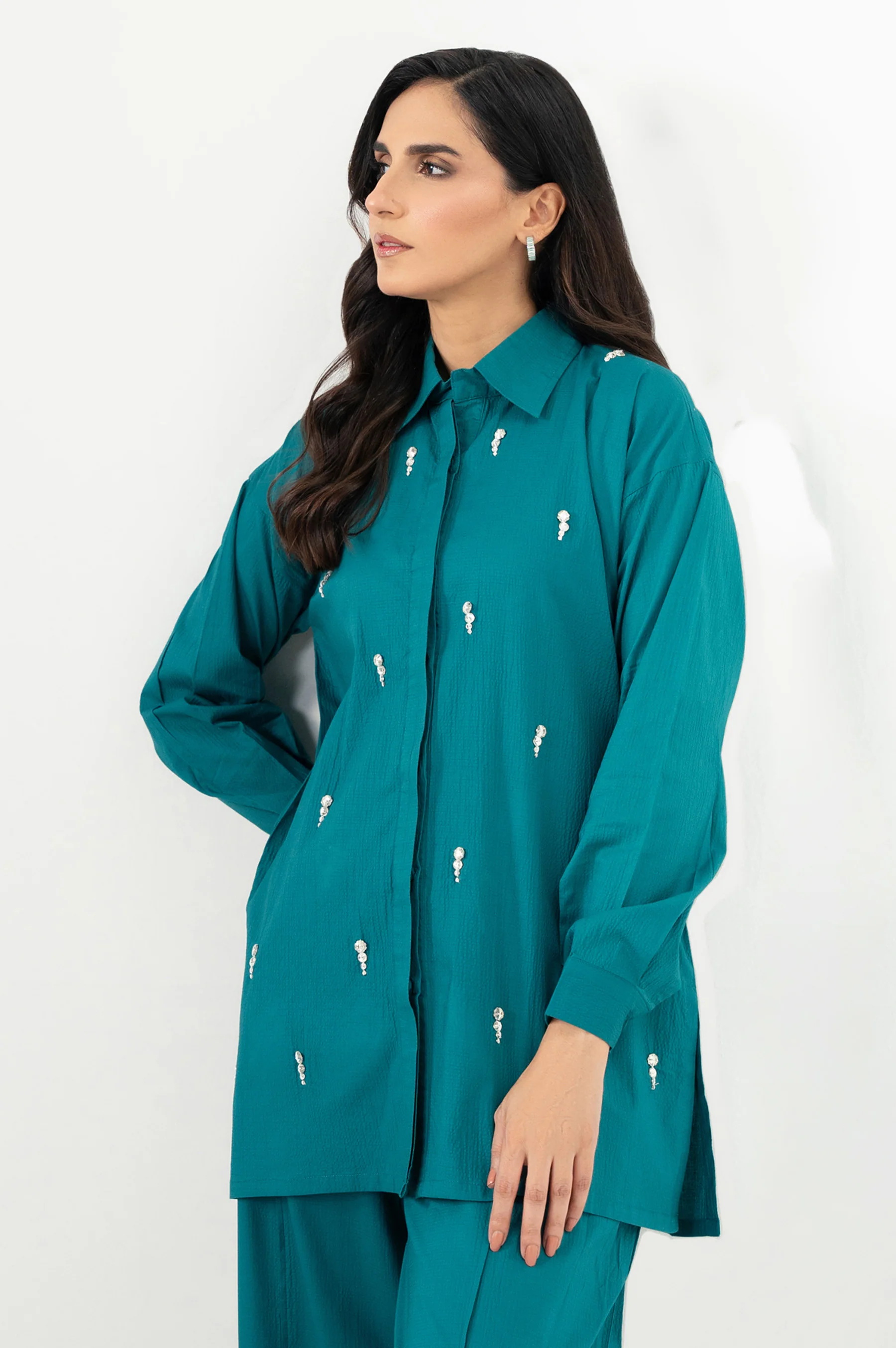Stitched 2 Piece Embellished Cotton Lycra Suit - Image 3
