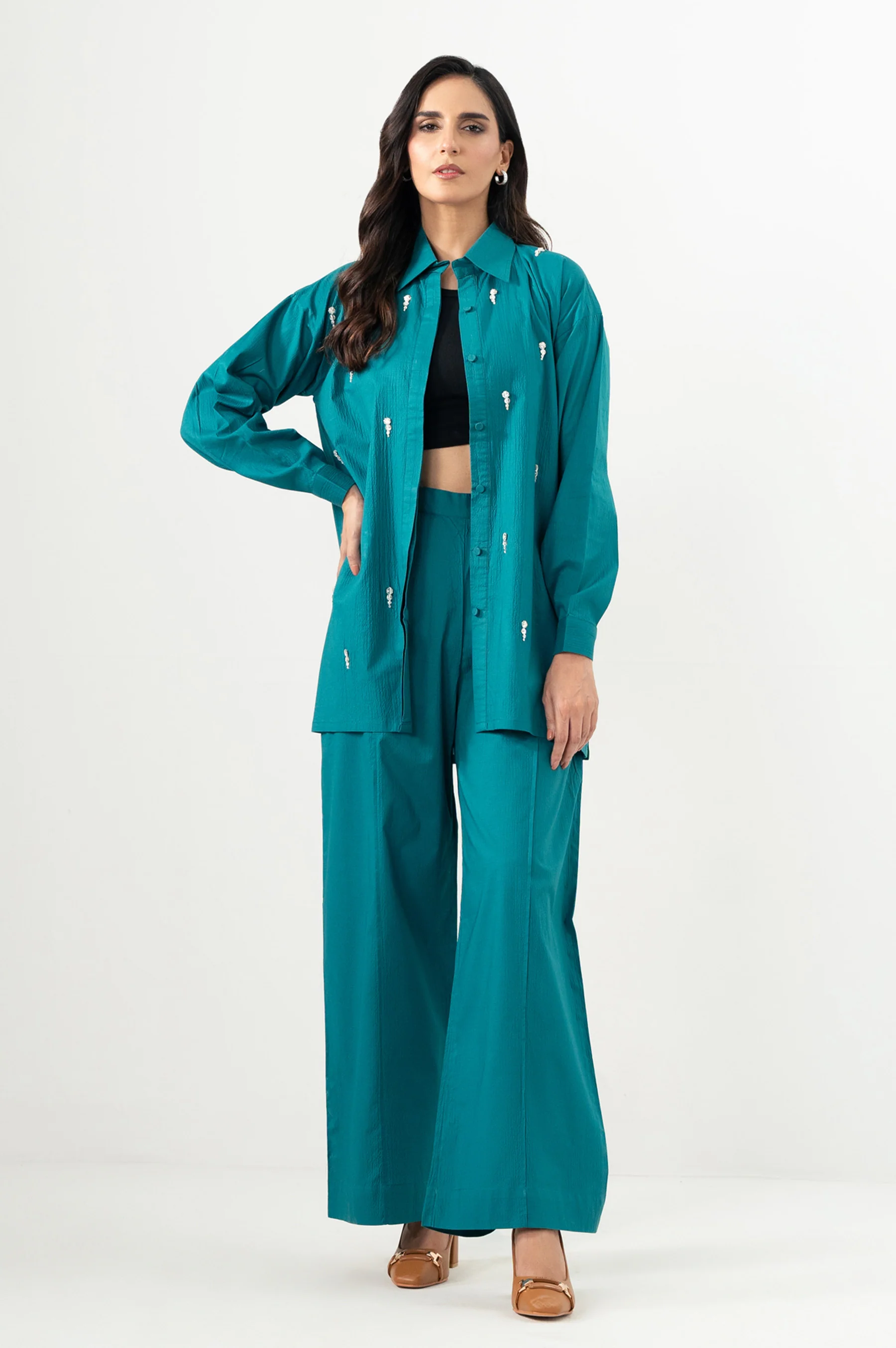 Stitched 2 Piece Embellished Cotton Lycra Suit - Image 6