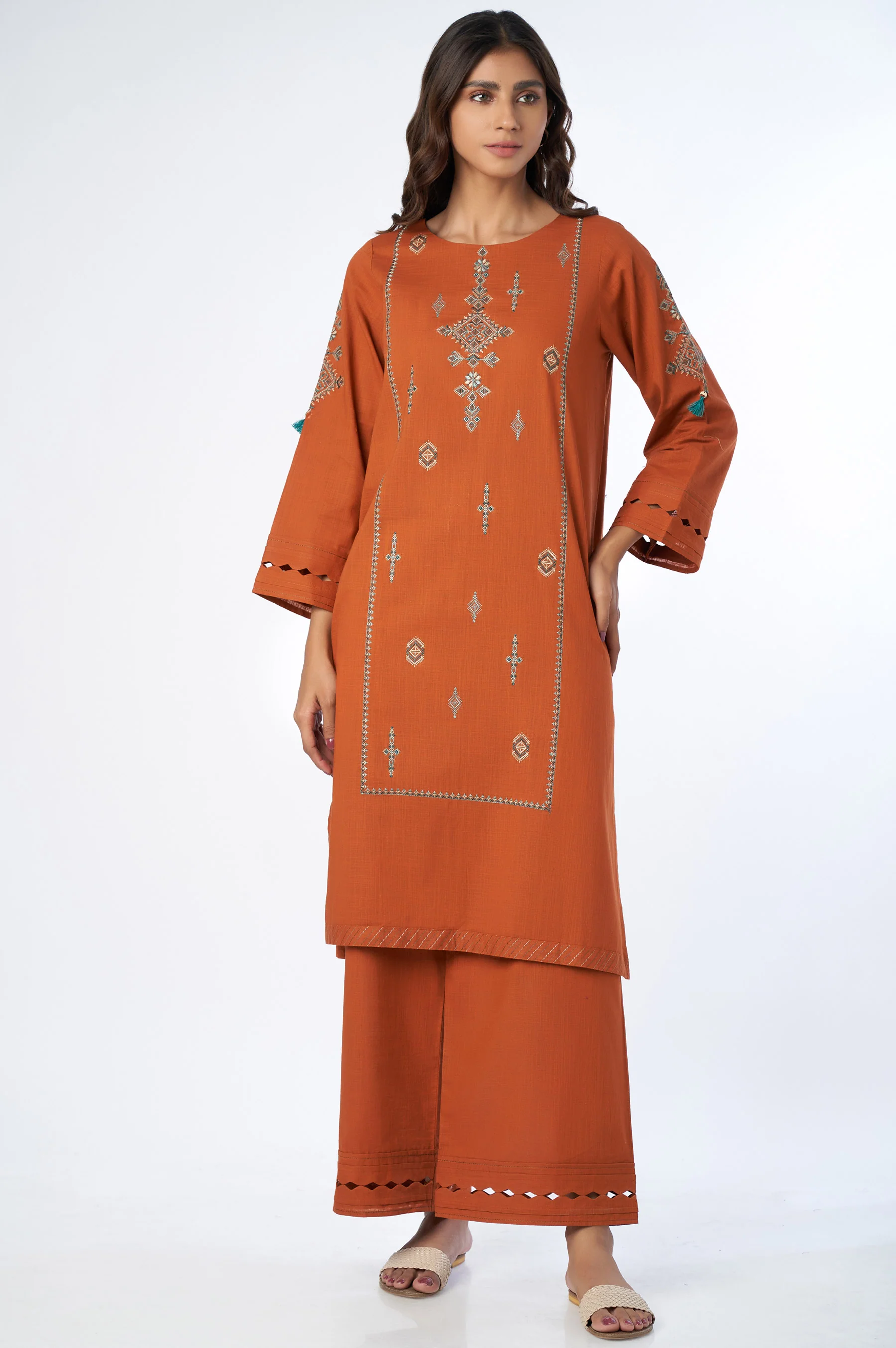 Stitched 2 Piece Embroidered Cotton Slub Suit