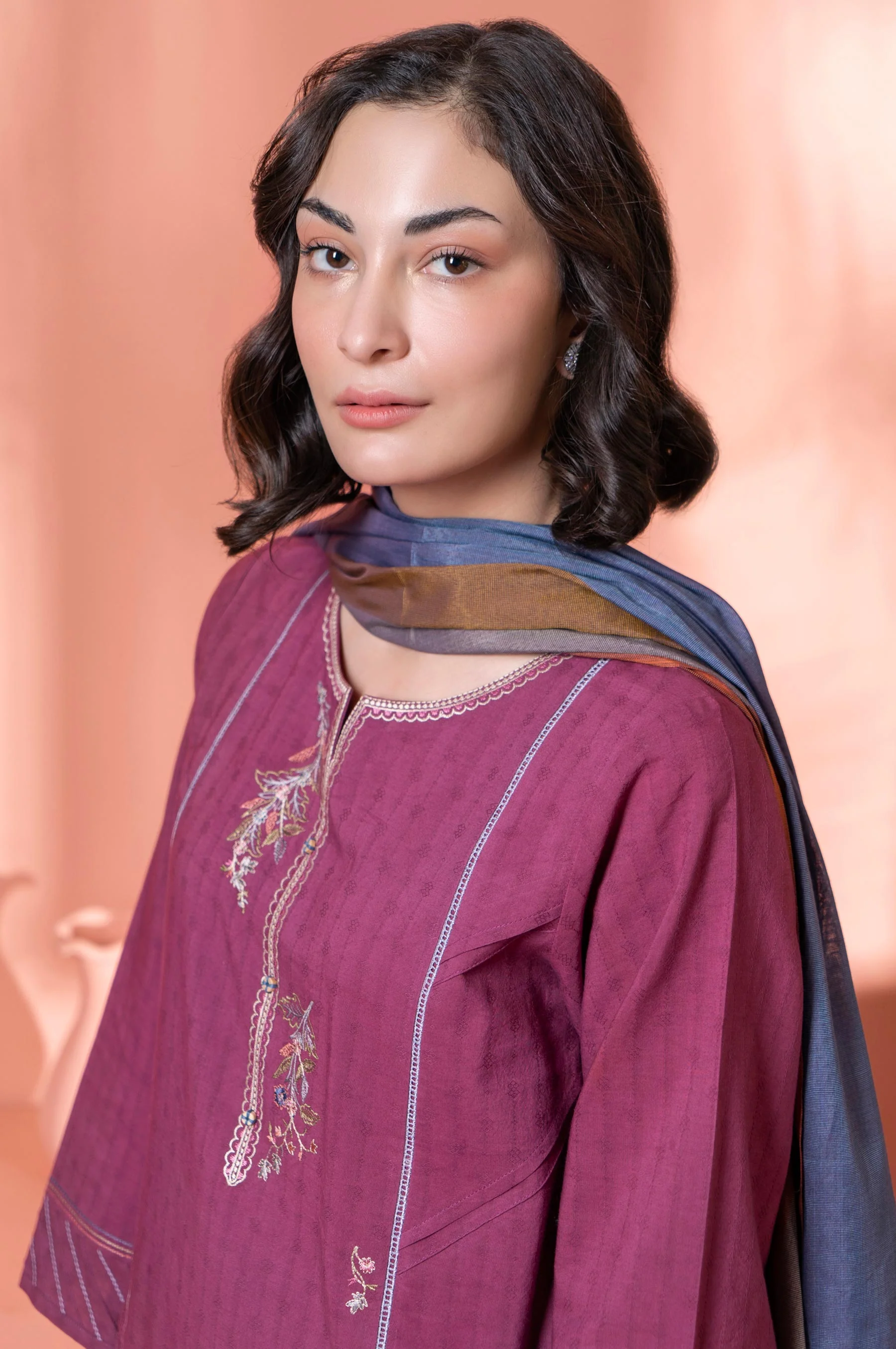 Stitched 2 Piece Embroidered Dobby Shirt With Dupatta - Image 3