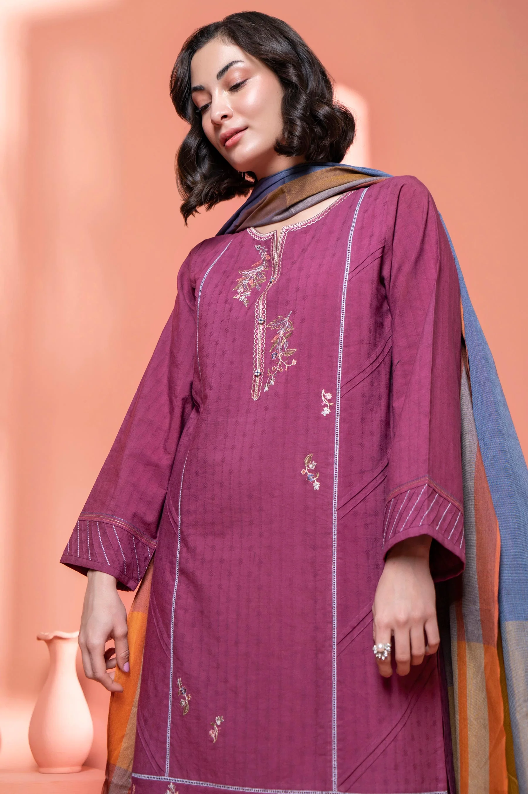 Stitched 2 Piece Embroidered Dobby Shirt With Dupatta - Image 4