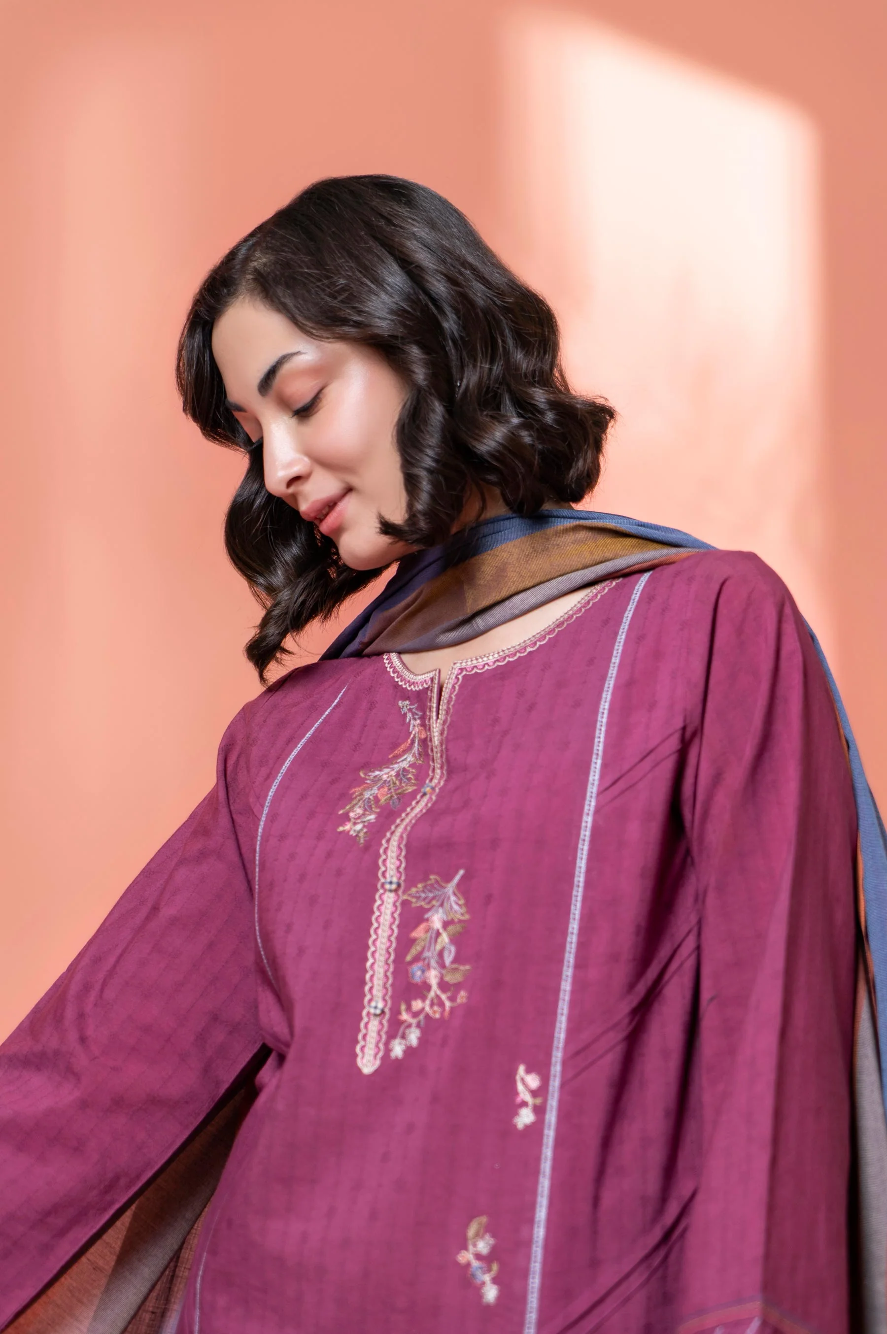 Stitched 2 Piece Embroidered Dobby Shirt With Dupatta - Image 6