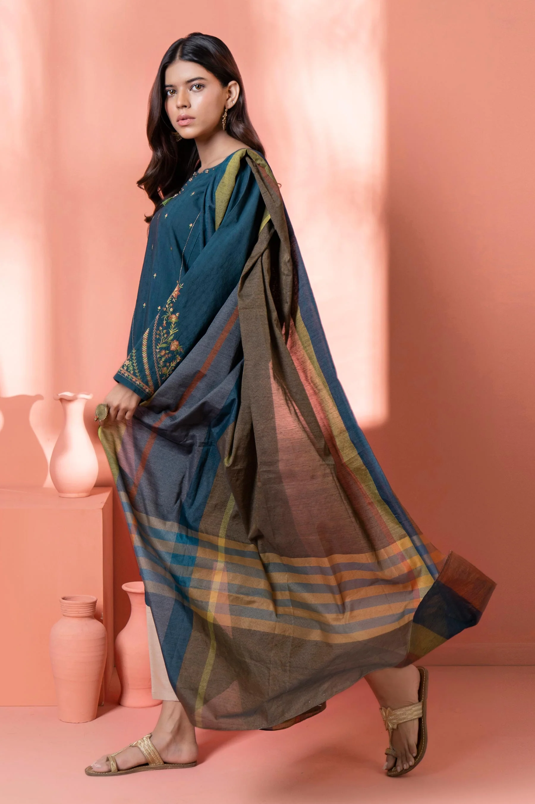 Stitched 2 Piece Embroidered Dobby Shirt With Dupatta - Image 2
