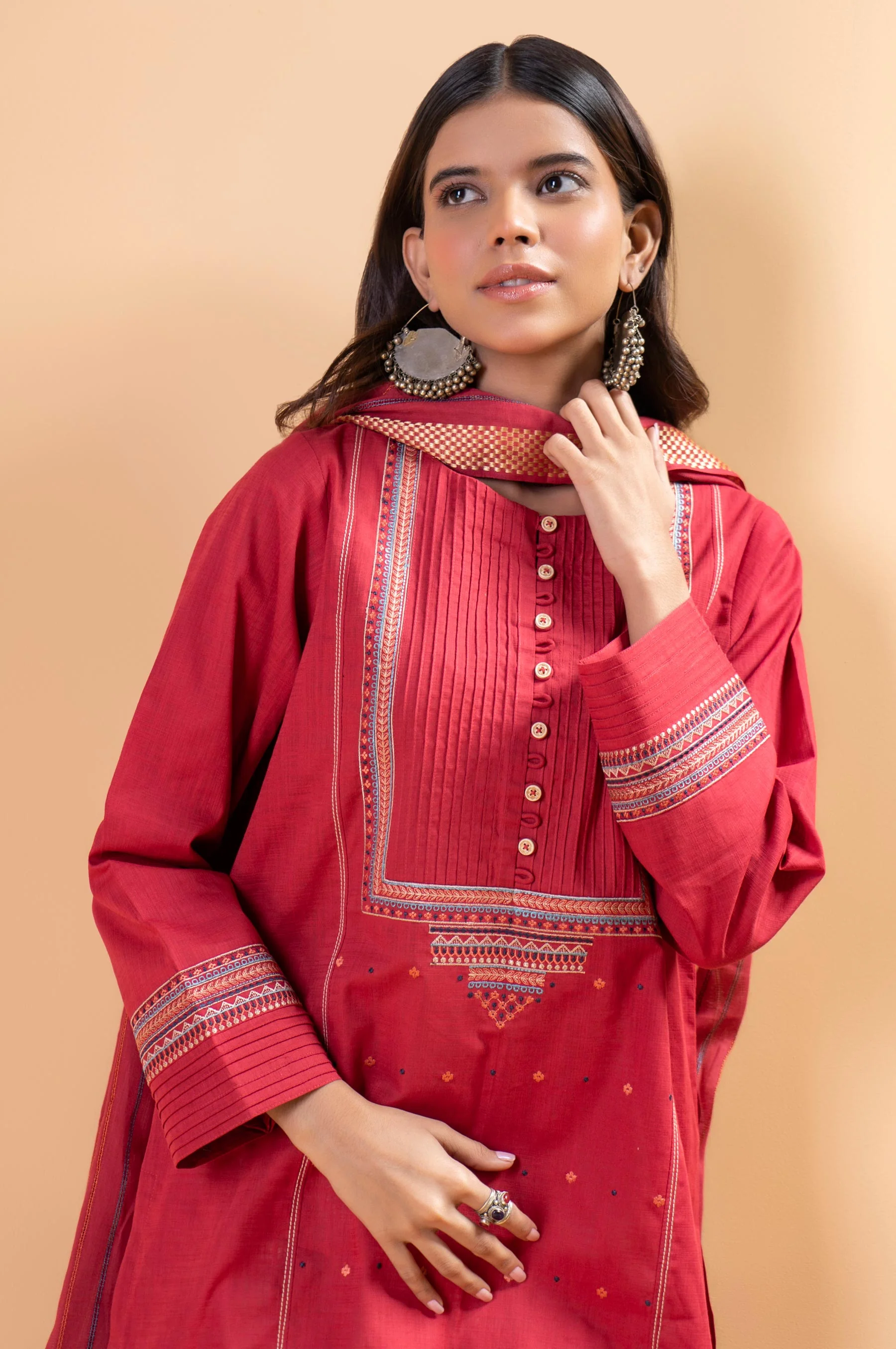 Stitched 2 Piece Embroidered Cotton Slub Shirt With Dupatta