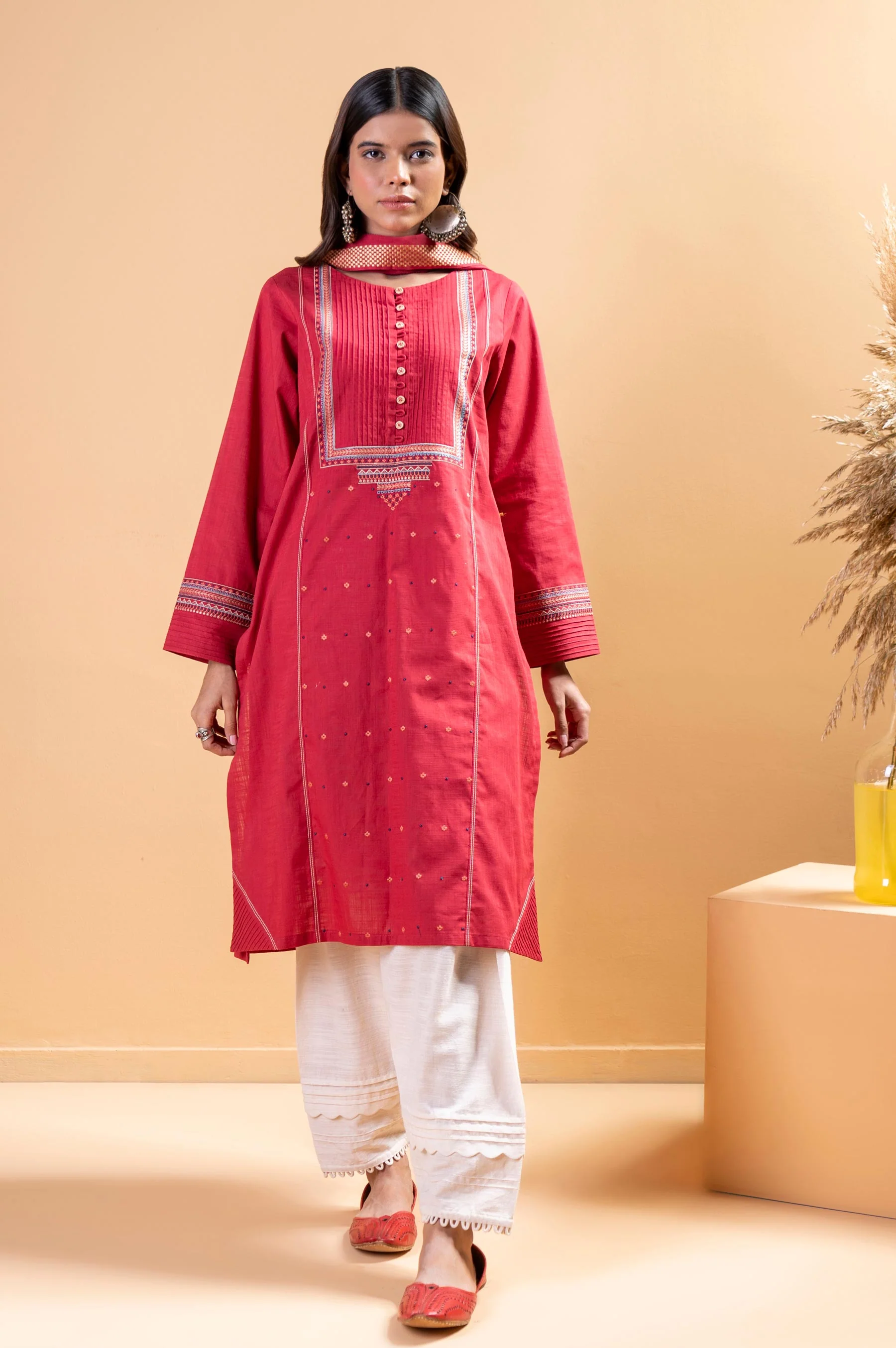 Stitched 2 Piece Embroidered Cotton Slub Shirt With Dupatta - Image 2