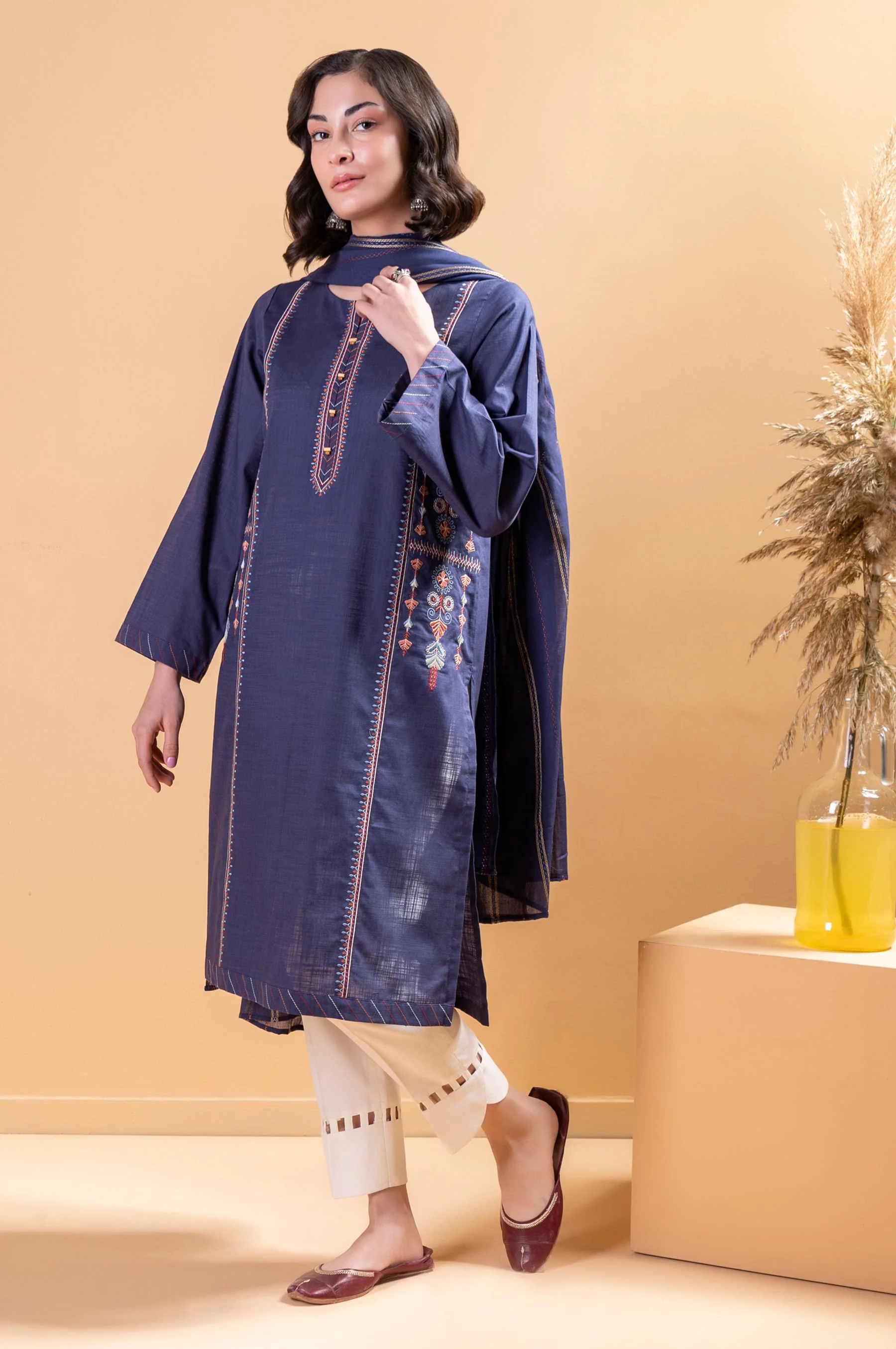 Stitched 2 Piece Embroidered Cotton Slub Shirt With Dupatta - Image 2
