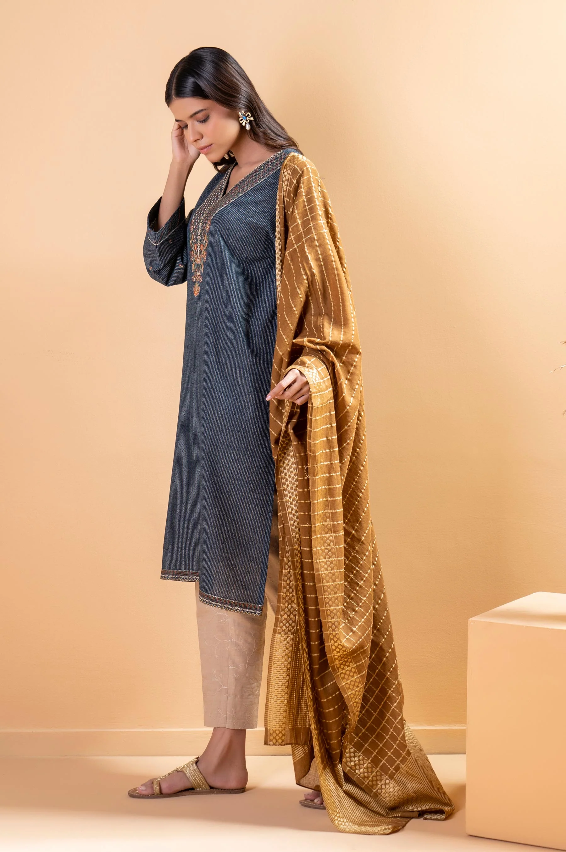 Stitched 2 Piece Embroidered Striped Karandi Shirt With Dupatta - Image 2