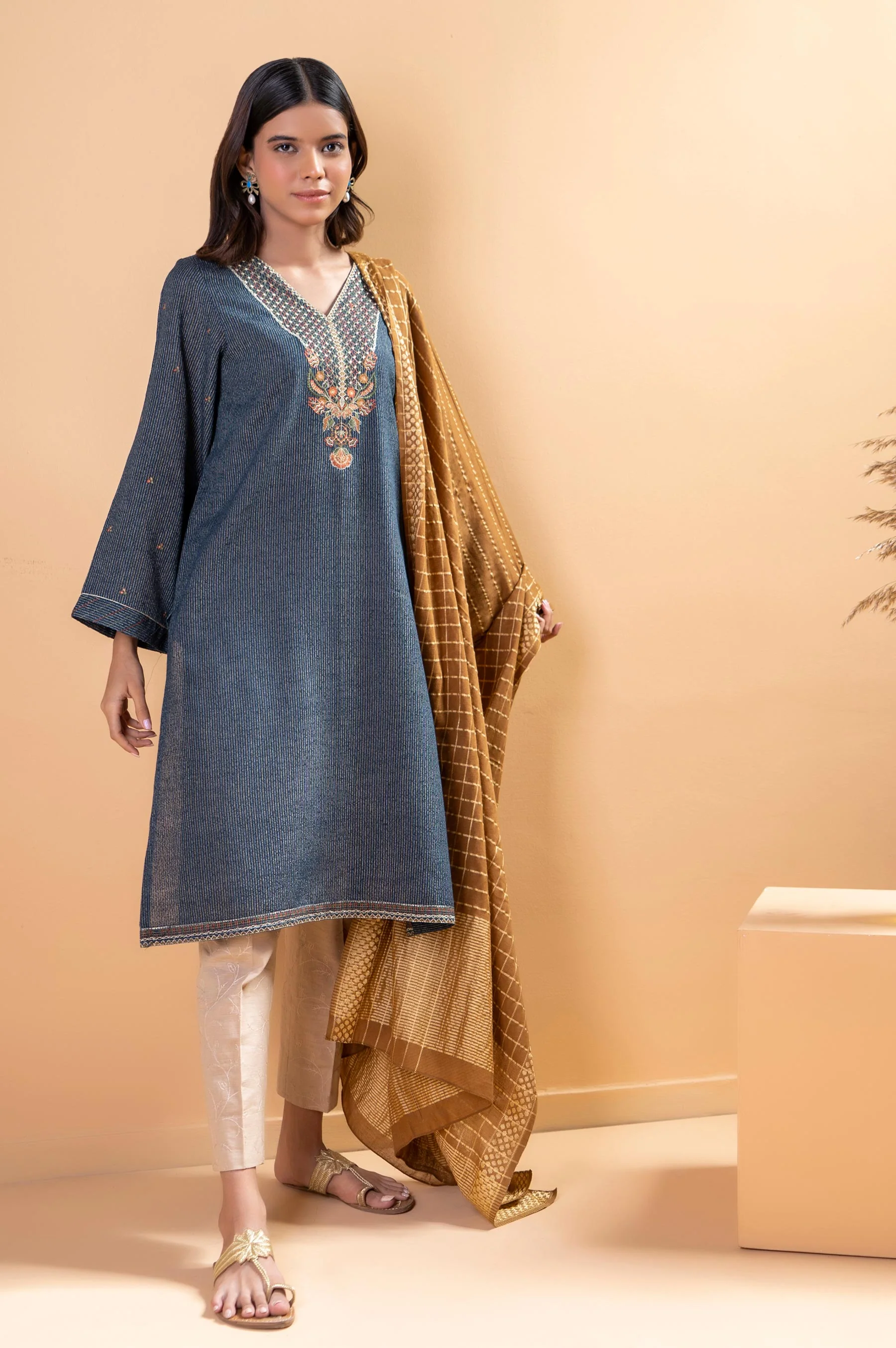 Stitched 2 Piece Embroidered Striped Karandi Shirt With Dupatta - Image 6