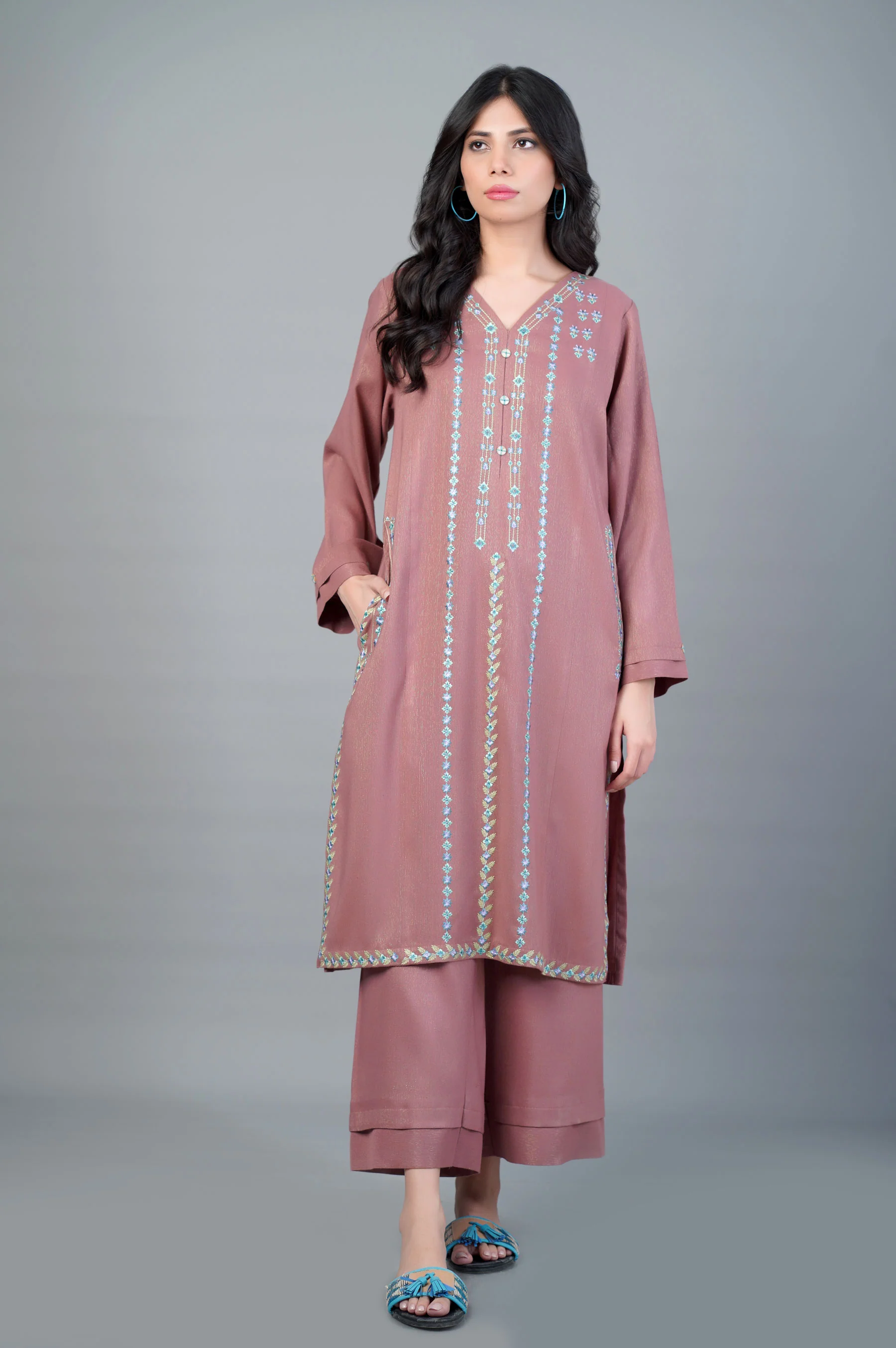 Stitched 2 Piece Embroidered Zari Acrylic Suit - Image 2