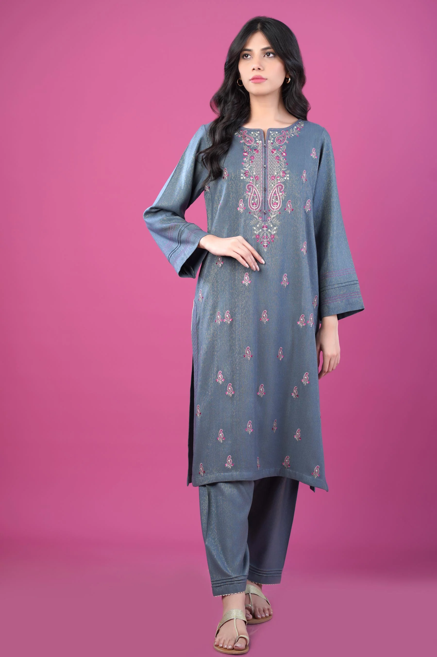 Stitched 2 Piece Embroidered Zari Acrylic Suit - Image 2