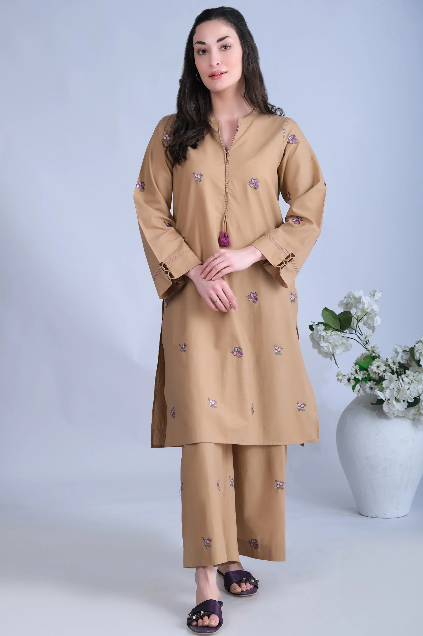 Stitched 2 Piece Cambric Embroidered Suit - Image 2