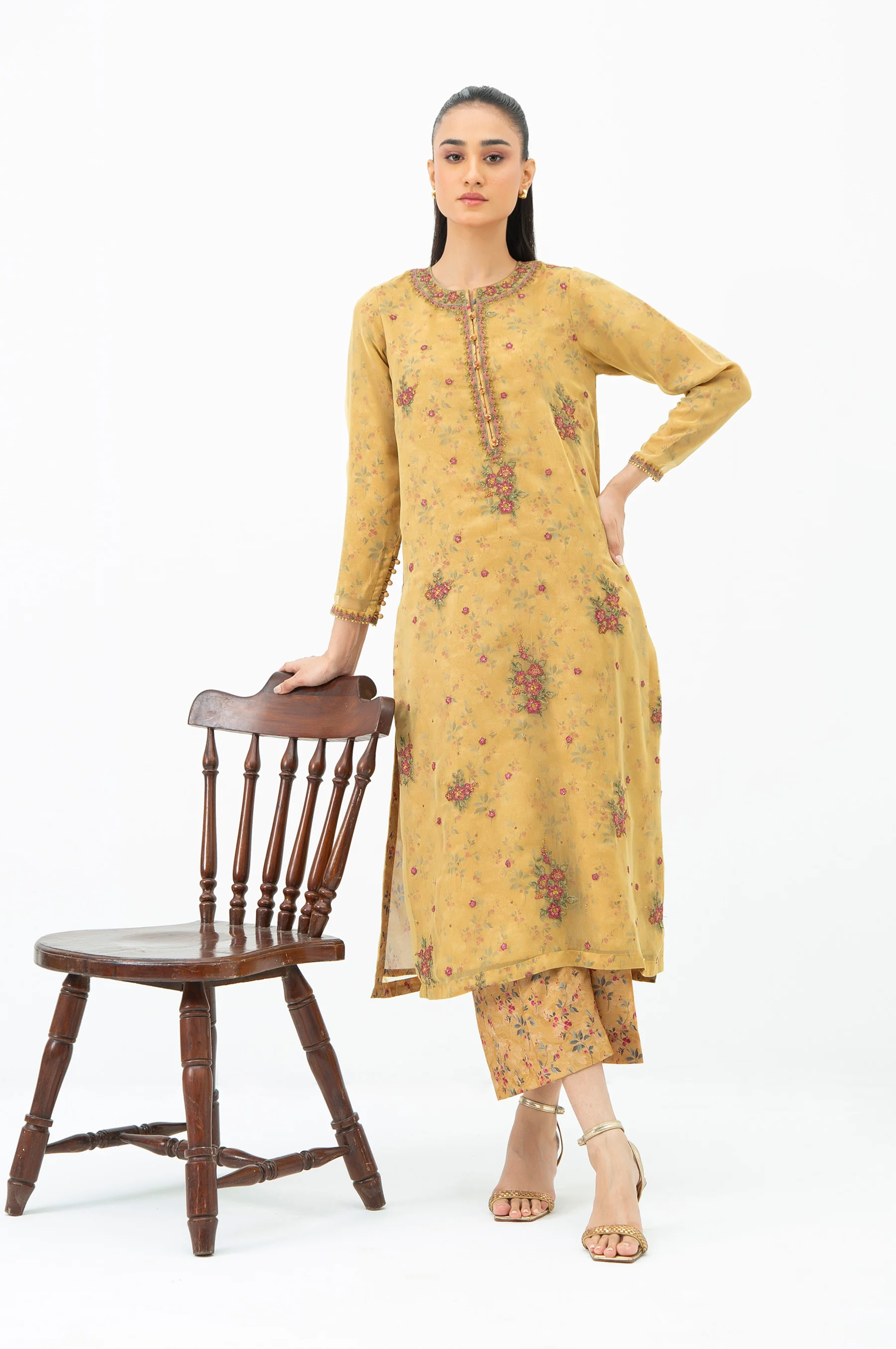 STITCHED EMBROIDERED CHIFFON SHIRT BOTTOM - Image 3