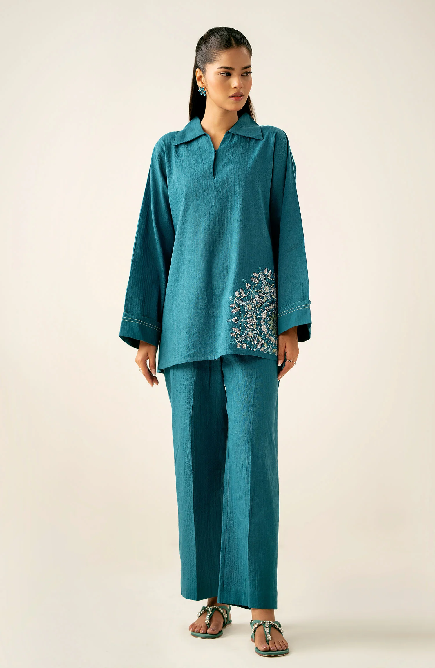 Stitched 2 Piece Embroidered Cotton Crinkle Co-Ord Set - Image 3