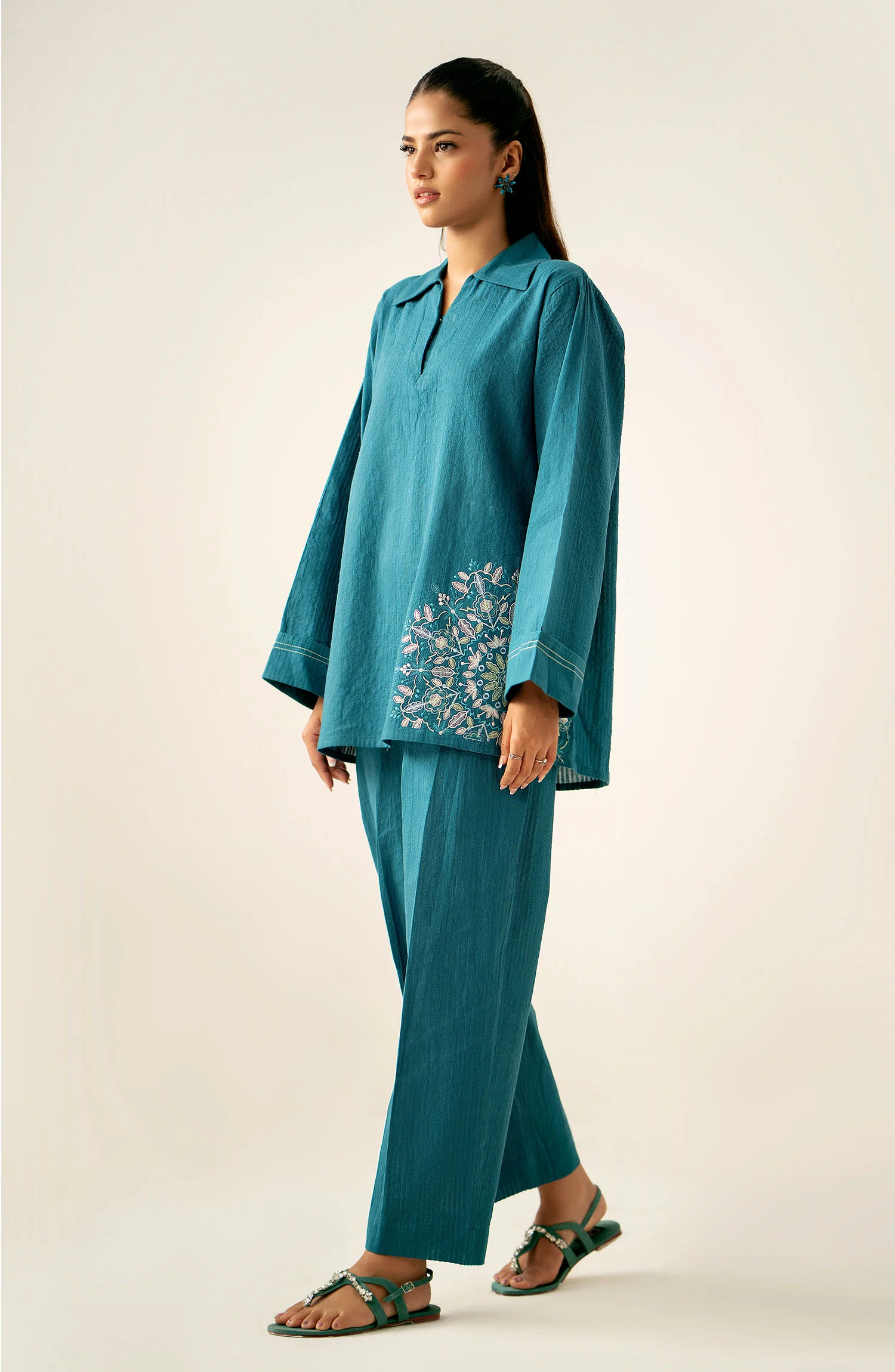 Stitched 2 Piece Embroidered Cotton Crinkle Co-Ord Set - Image 4