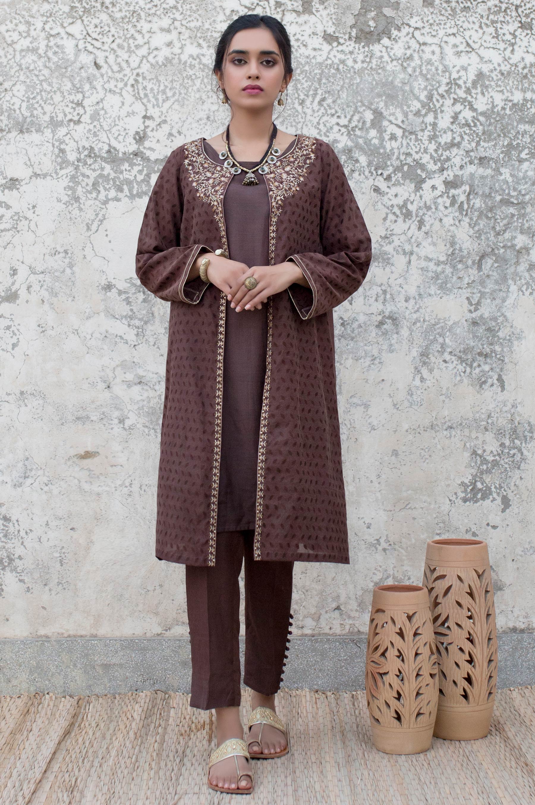 Stitched 2 Piece Embroidered Cotton Jacquard Suit - Image 2