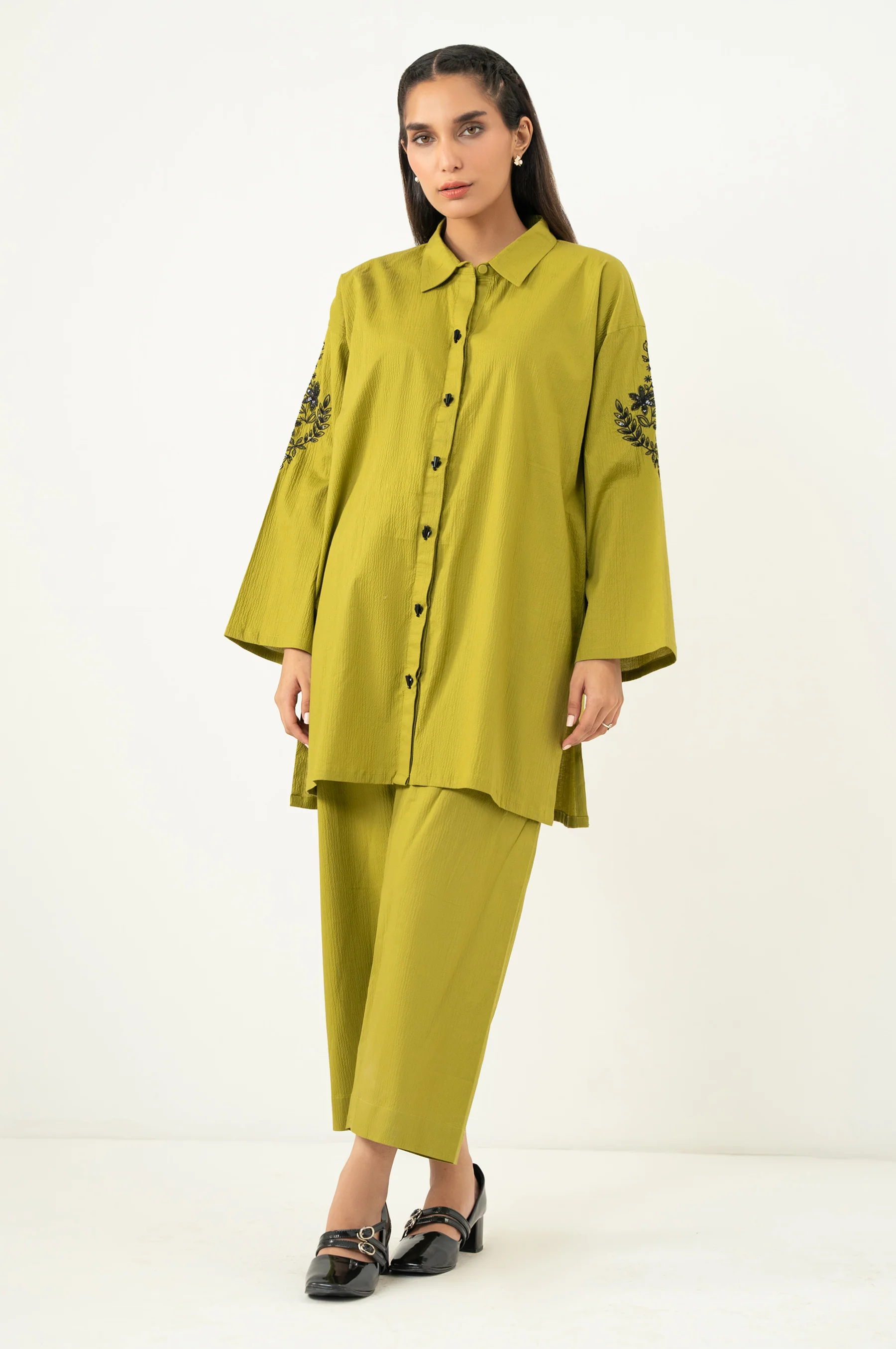 Stitched 2 Piece Embroidered Cotton Lycra Suit - Image 6