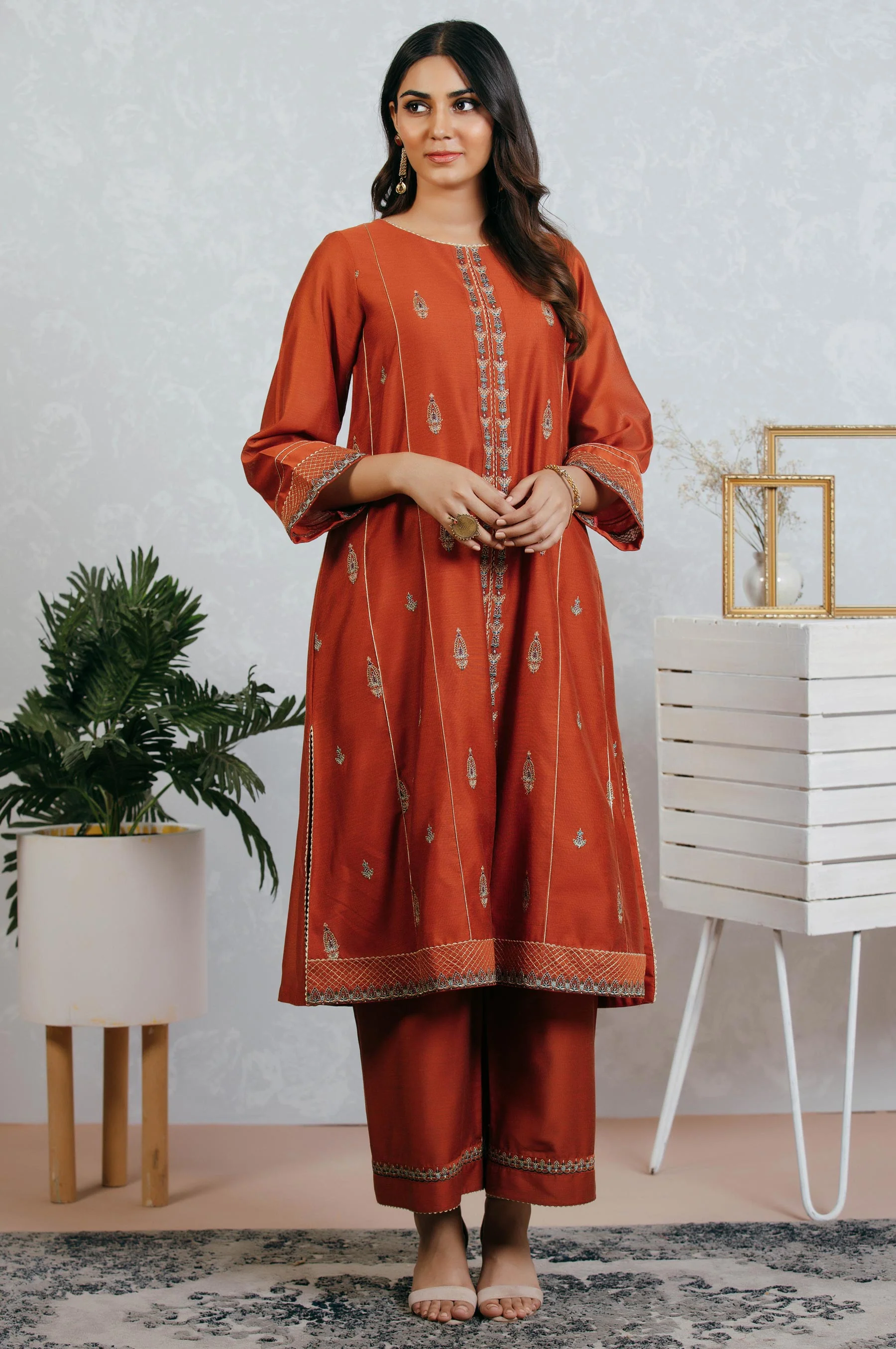 Stitched 2 Piece Cotton Net Embroidered Suit - Image 2