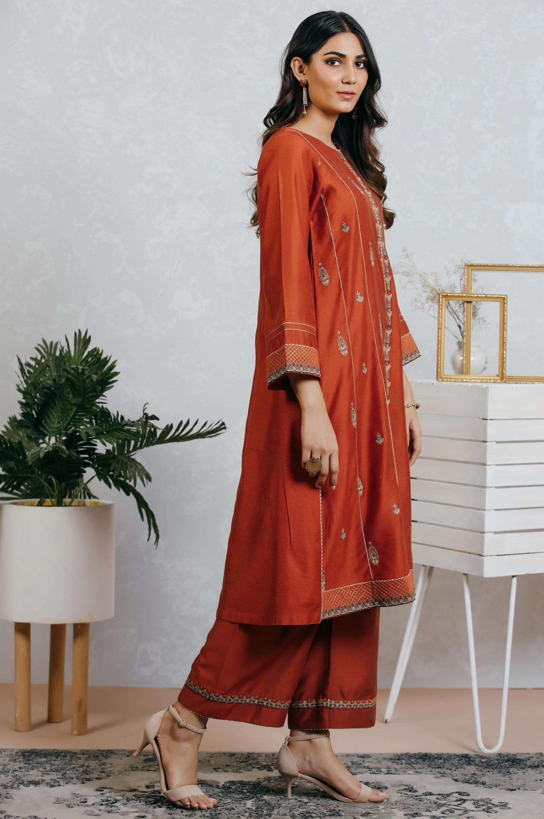 Stitched 2 Piece Cotton Net Embroidered Suit - Image 3