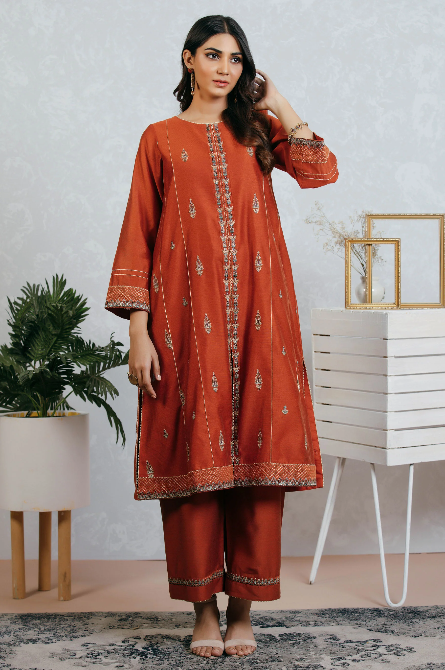 Stitched 2 Piece Cotton Net Embroidered Suit - Image 5