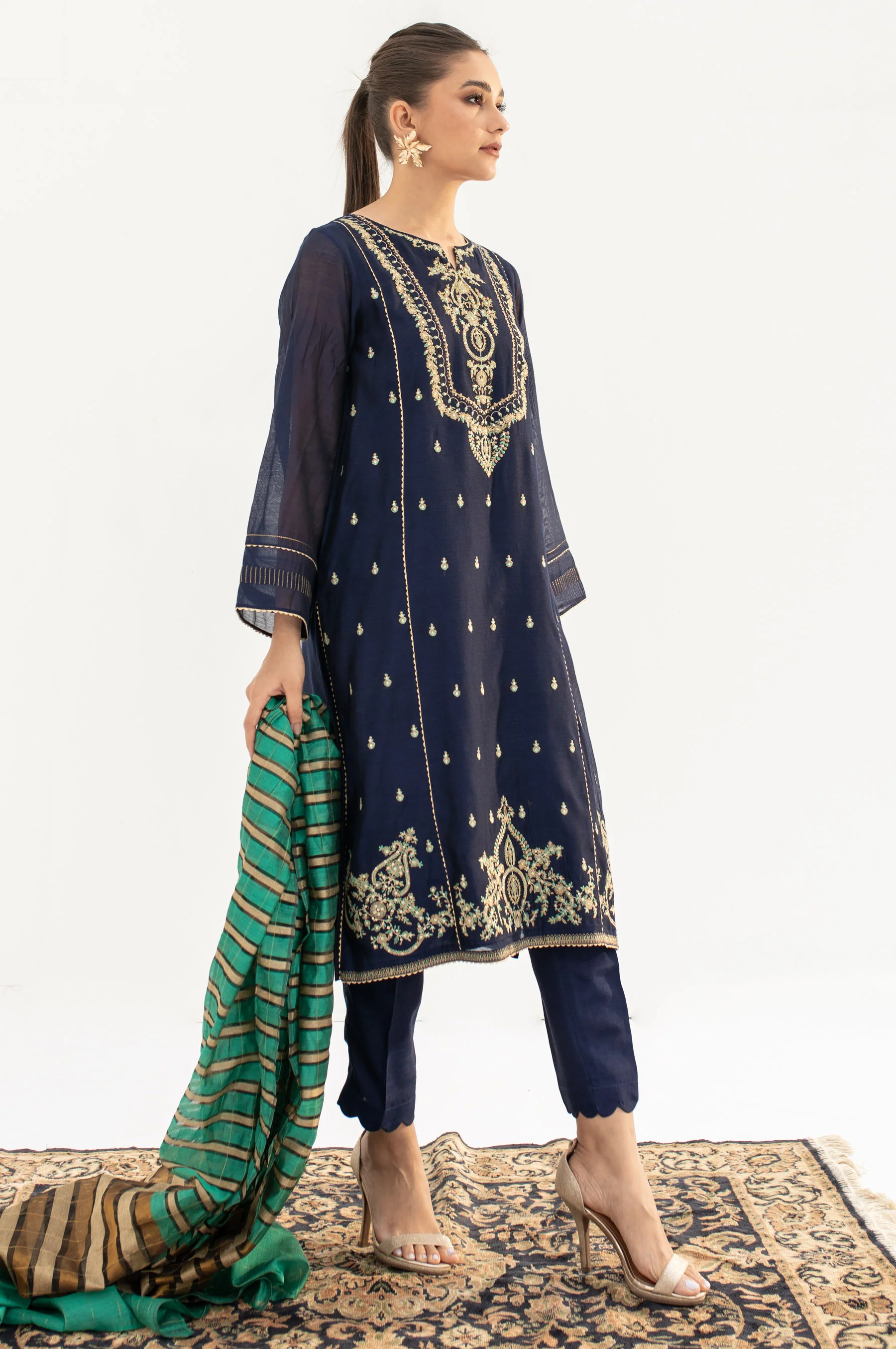 Stitched 2 Piece Cotton Net Embroidered Suit - Image 3