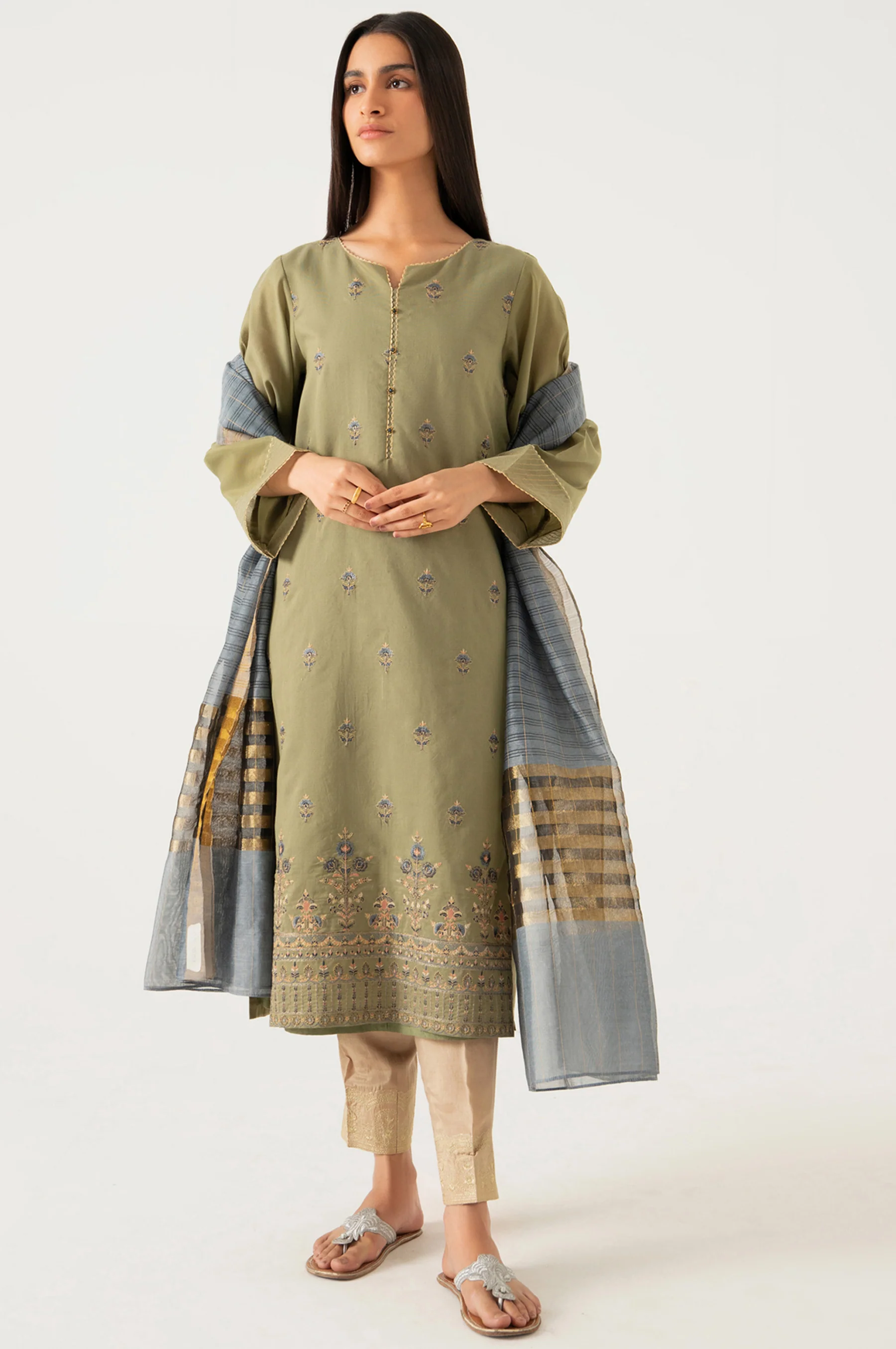 Stitched 2 Piece Cotton Net Embroidered Suit