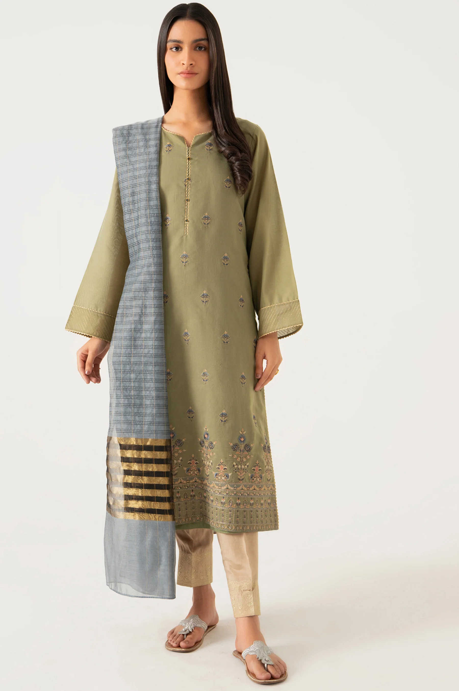 Stitched 2 Piece Cotton Net Embroidered Suit - Image 5