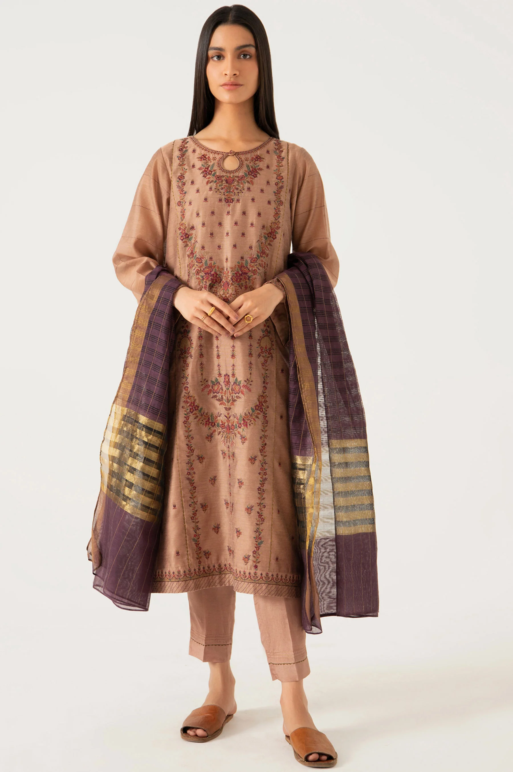 Stitched 2 Piece Cotton Net Embroidered Suit - Image 2
